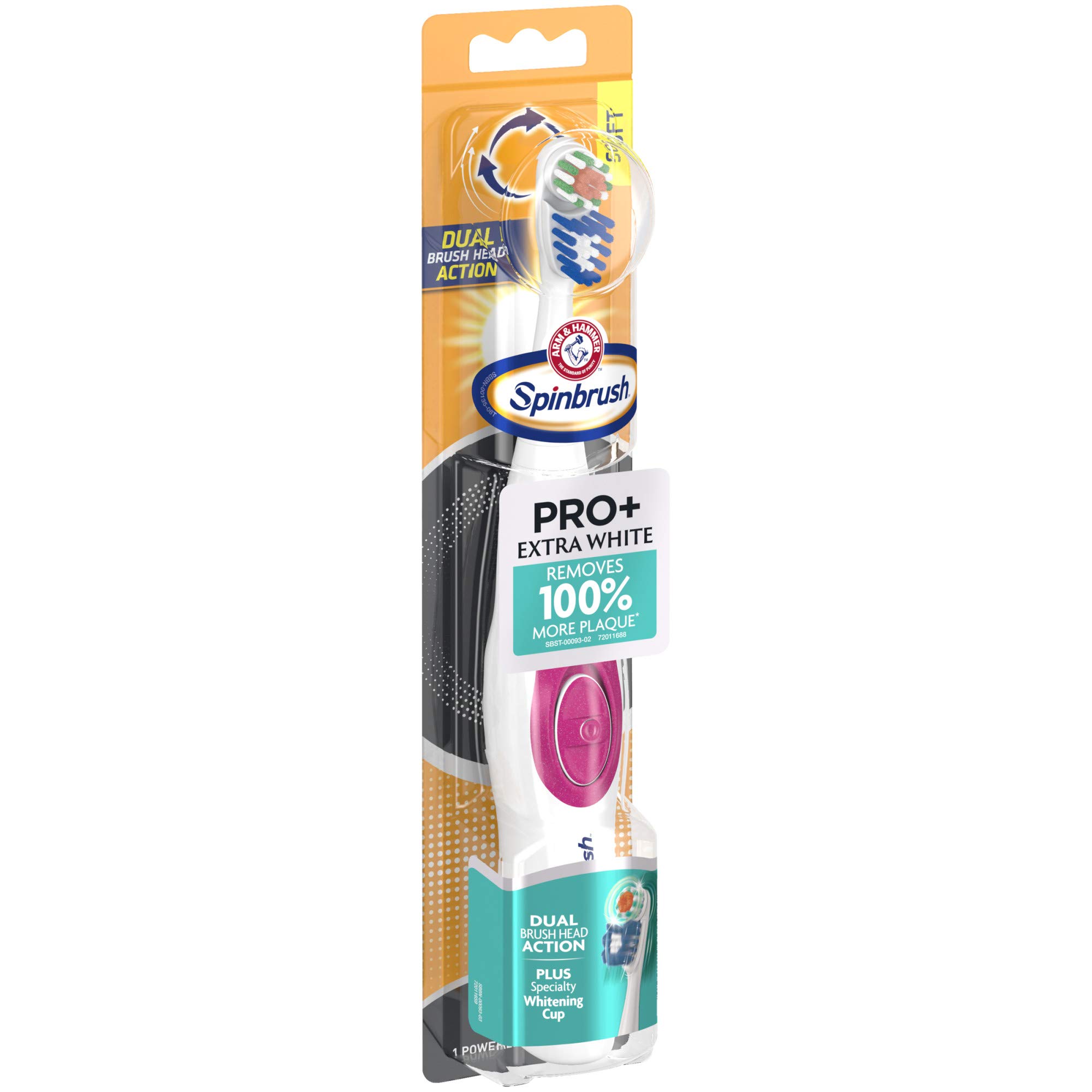 Spinbrush PRO+ Extra White Battery-Powered Toothbrush - Removes 100% More Plaque with Soft Bristles - Includes Batteries - Perfect for Travel & Daily Oral Care