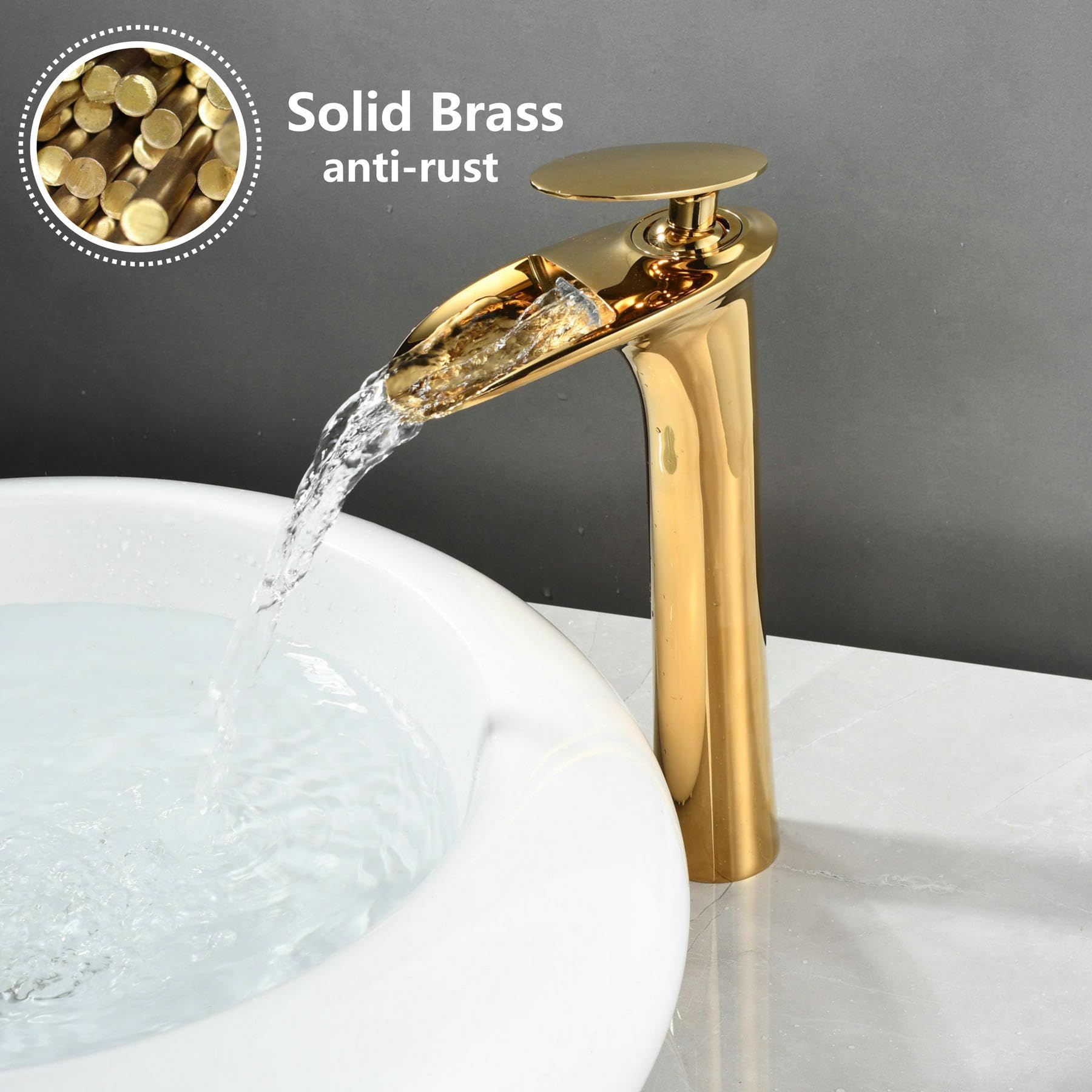 Gold Waterfall Bathroom Vessel Sink Faucet - Single Hole Brass Vanity Tap by SHUNLI | Modern Bathroom Upgrade for Luxury Homes & Spa Retreats