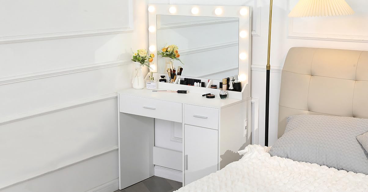Modern White Vanity Desk with LED Lights & Mirror - Makeup Dressing Table with Charging Station, 2 Drawers & Storage Cabinet for Women & Girls - Perfect for Bedroom, Dorm Room or Home Beauty Salon