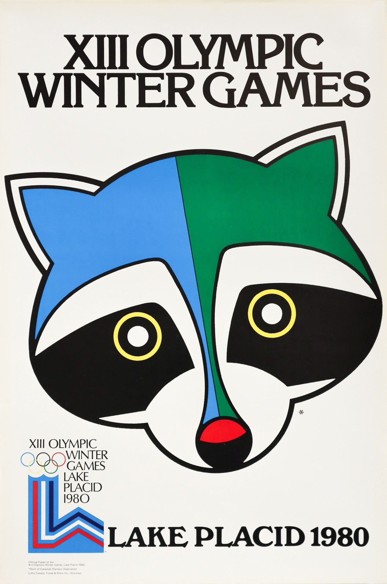 1980 Original Vintage Lake Placid Winter Olympics Poster with Raccoon Mascot - Perfect for Collectors, Winter Sports Fans & Retro Home Decor