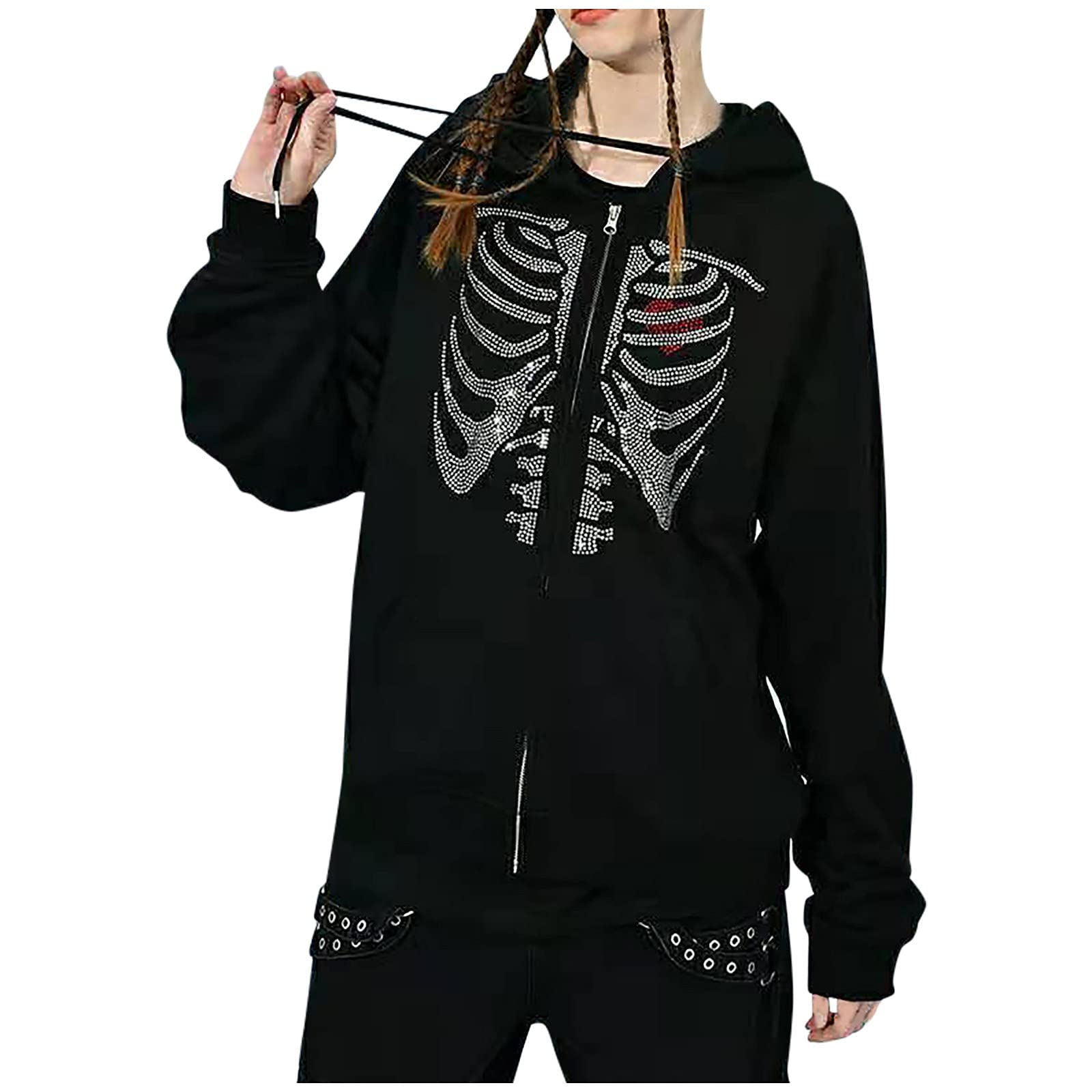 Women's Rhinestone Skeleton Zip-Up Hoodie - 90s Streetwear Jacket with Waterproof Zipper | Casual Outfit, Street Style Fashion, Retro 90s Look