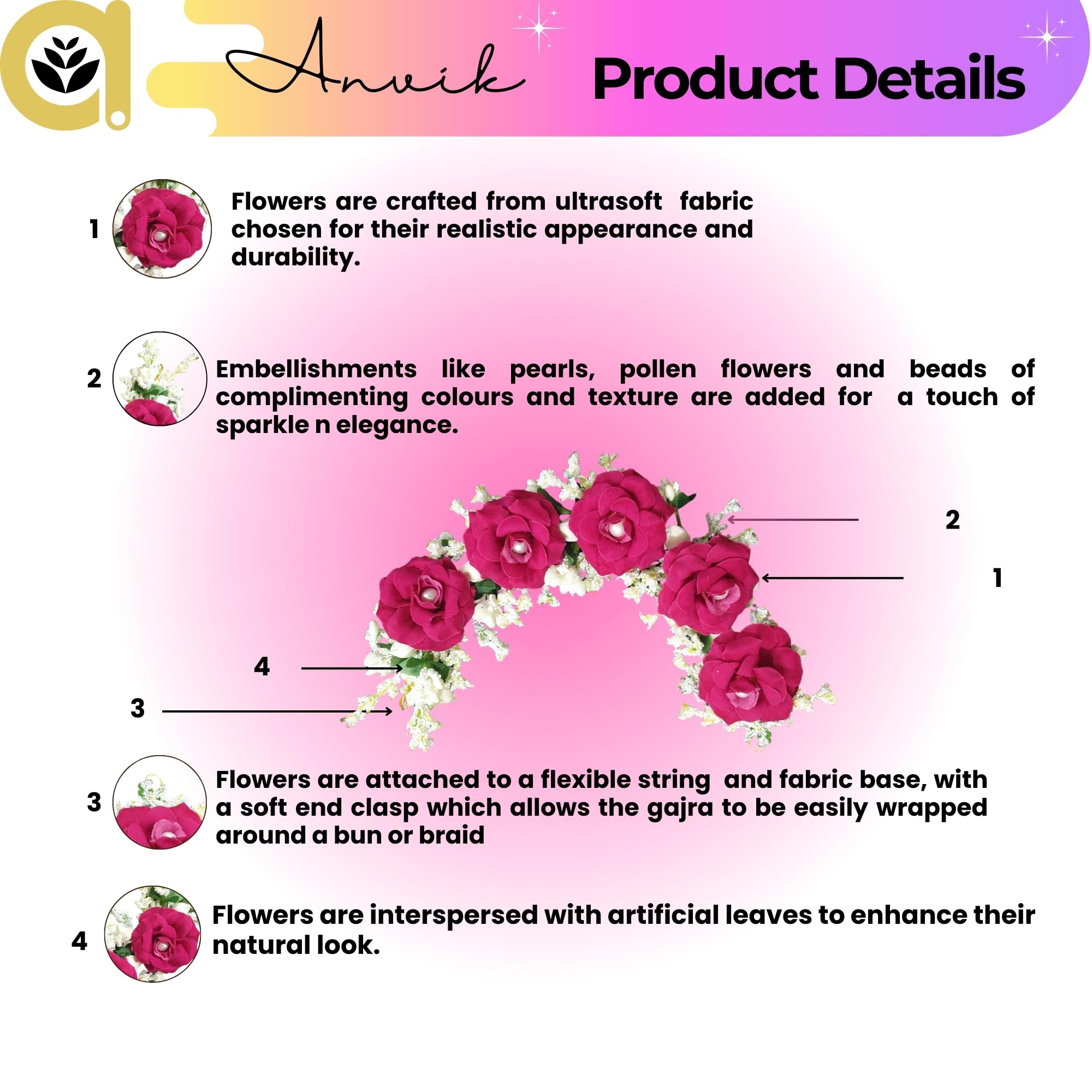 ANVIK Artificial Rose Flower Hair Bun Gajra - Bridal Wedding Hair Accessory for Women (Rani Pink) | Perfect for Bridal Parties, Weddings, and Special Occasions