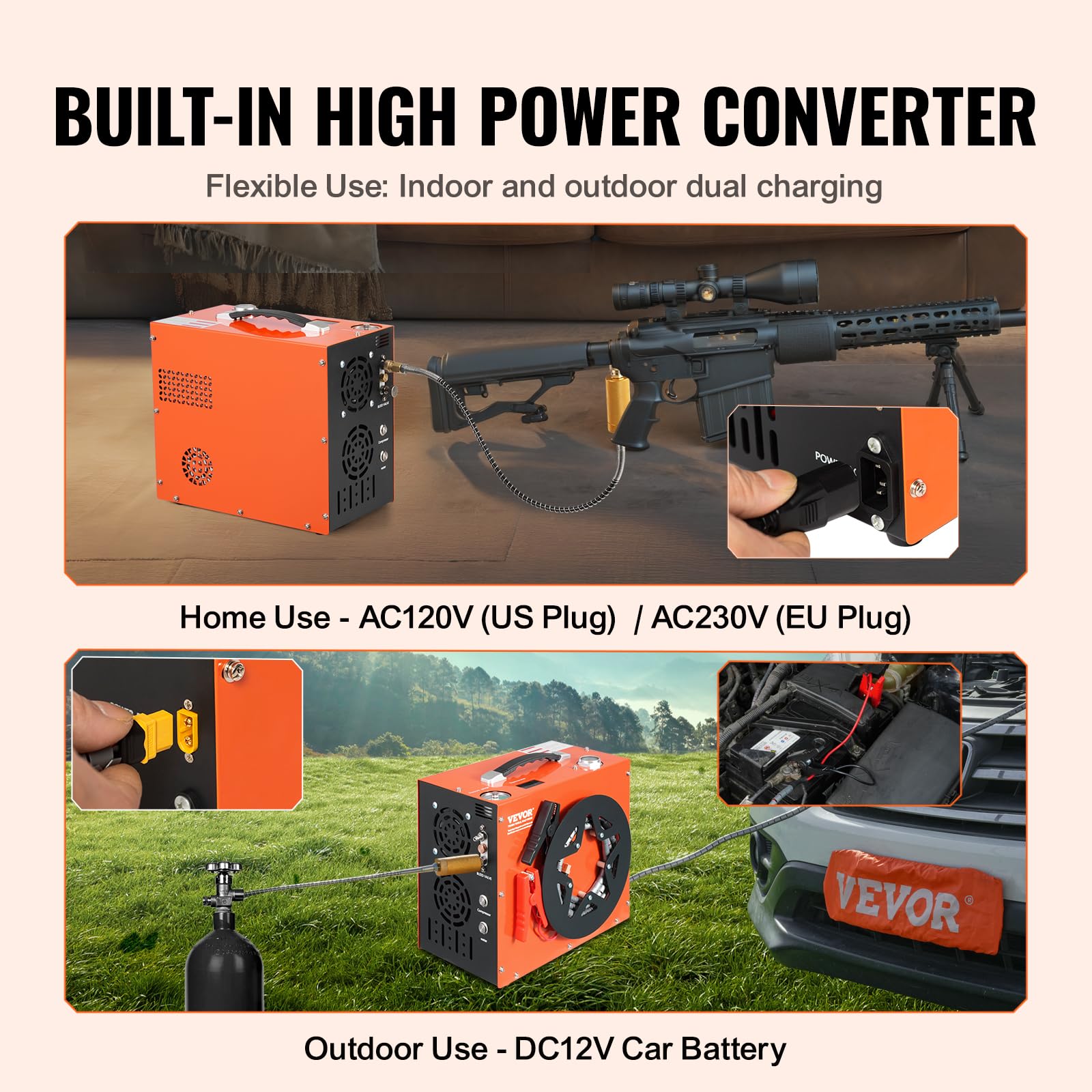 VEVOR 4500PSI PCP Air Compressor - Portable High Pressure Air Gun Pump with Water & Fan Cooling, Auto Shut Off | 12V DC/120V AC for Paintball Tanks, Air Rifles & Scuba Diving | Perfect for Hunting, Shooting Sports and Underwater Adventures