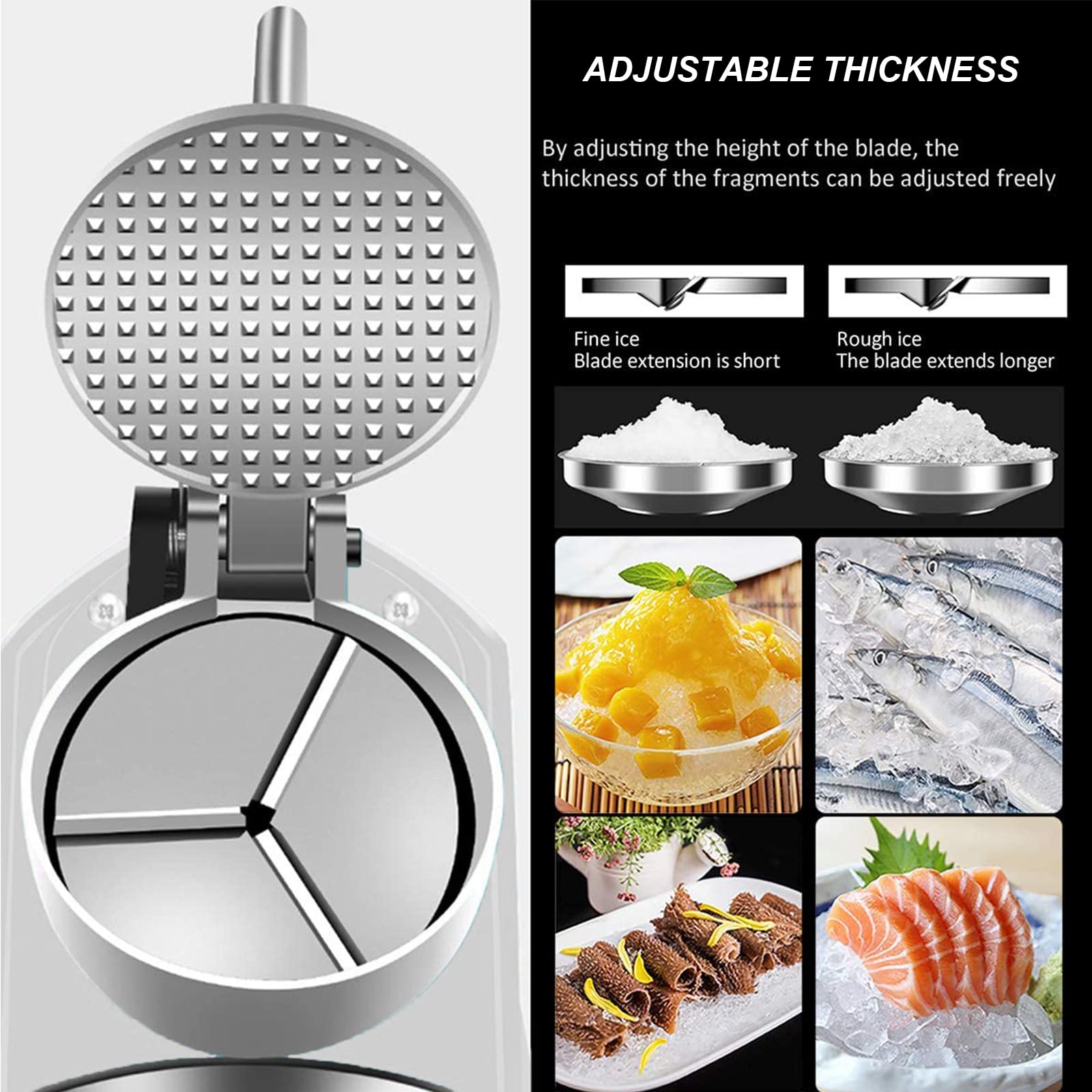 380W High-Performance Ice Crusher - 210lbs/h Shaved Ice Machine with 3 Blades & Adjustable Thickness, Efficient Cooling System for Home Bars, Restaurants, and Snow Cone Businesses - Perfect for Cocktails, Desserts, and Commercial Food Service