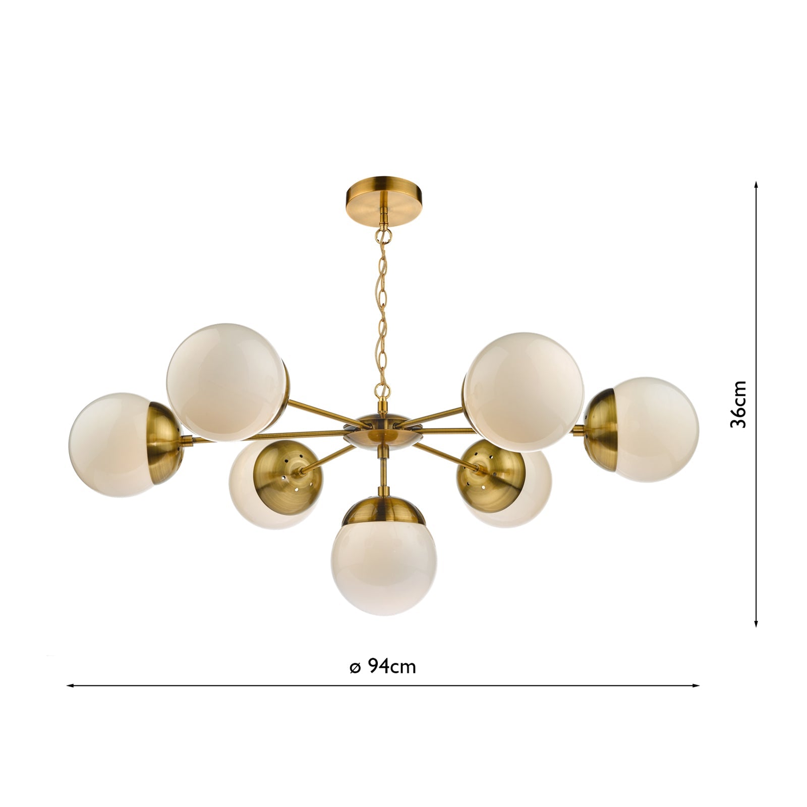 7Lt Bombazine Ceiling Light Fixture in Natural Brass & White Opal Glass - Perfect for Living Room, Bedroom, and Dining Room Lighting