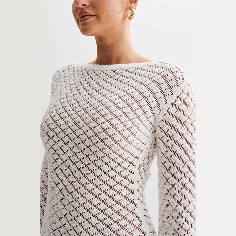 Women's Backless Long Sleeve Knit Mini Dress - Elegant See-Through Summer Beach Dress for Holiday & Vacation | Perfect for Beachwear, Pool Parties, and Night Out