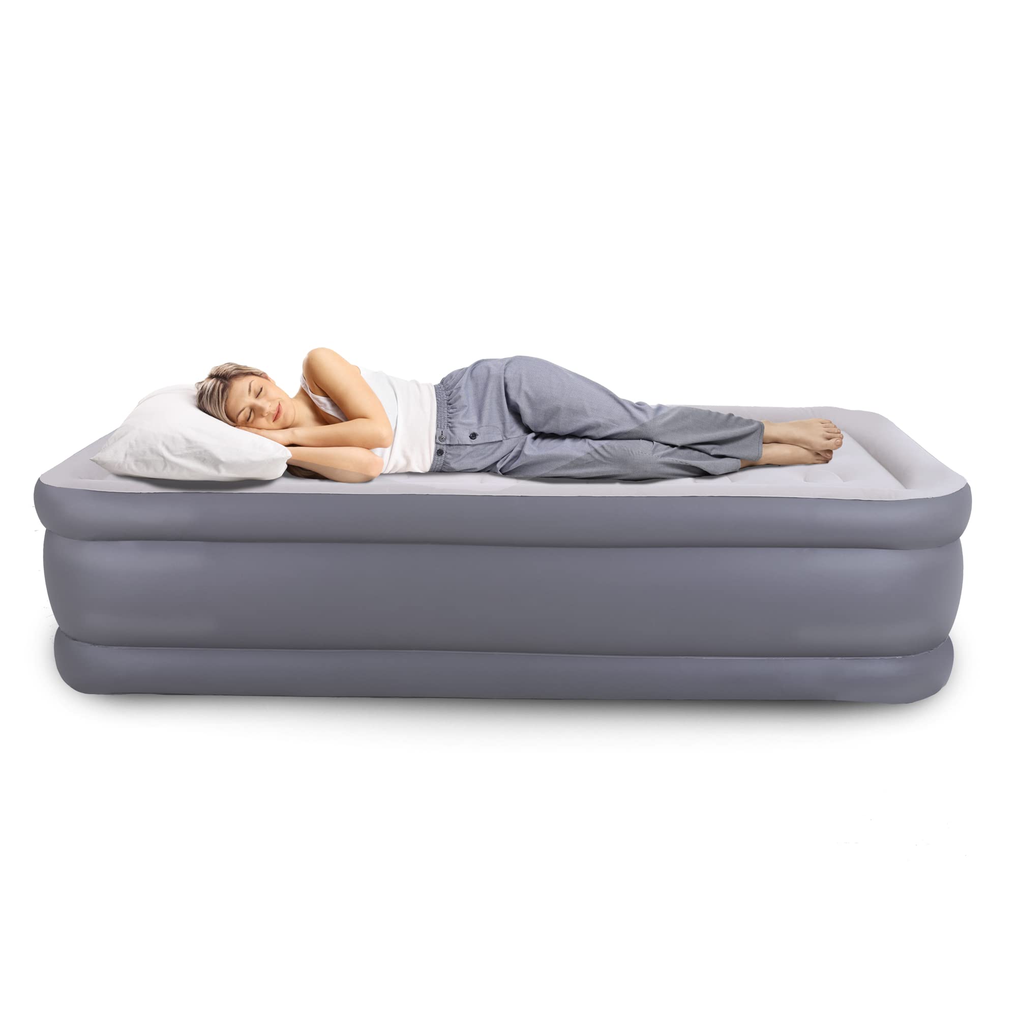 **ALPHA CAMP 18-Inch Twin Air Mattress with Built-in Pump - Double High Inflatable Airbed with Flocked Top for Camping, Travel & Home Use - Includes Storage Bag & Repair Patch Kit - Perfect for Guests, Outdoor Adventures & Temporary Sleeping Solutions**
