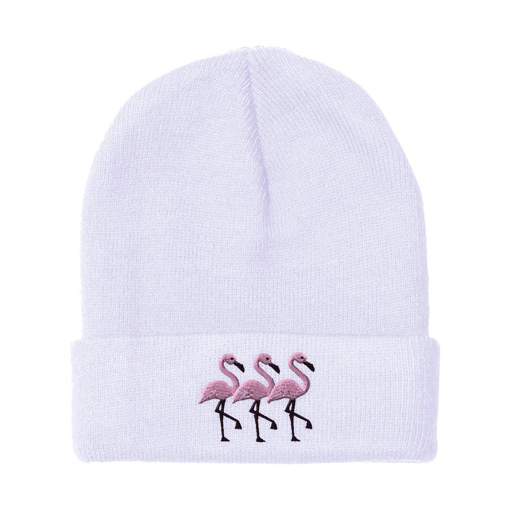 Men's & Women's Winter Beanie with Pink Flamingos Embroidery - Acrylic Skull Cap for Cold Weather - Cozy Animal Print Hat for Outdoor Activities, Skiing & Snowboarding