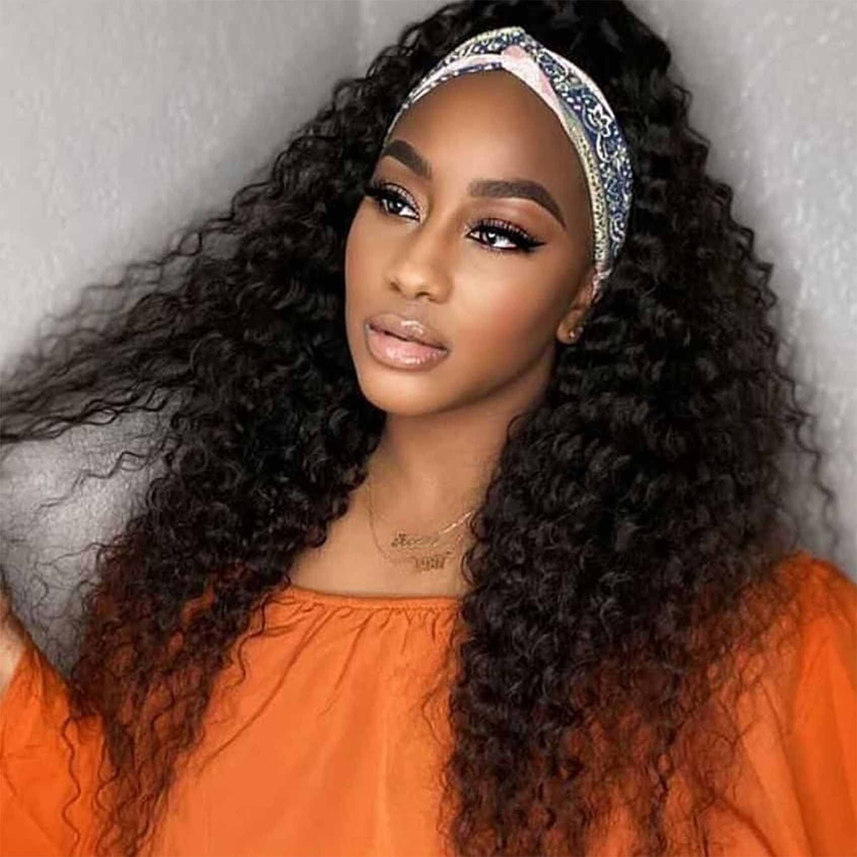 18 Inch Brazilian Virgin Human Hair Headband Wig - Deep Water Wave, Glueless, 180% Density, No Lace Front - Natural Color for Women | Perfect for Daily Wear, Parties & Cosplay