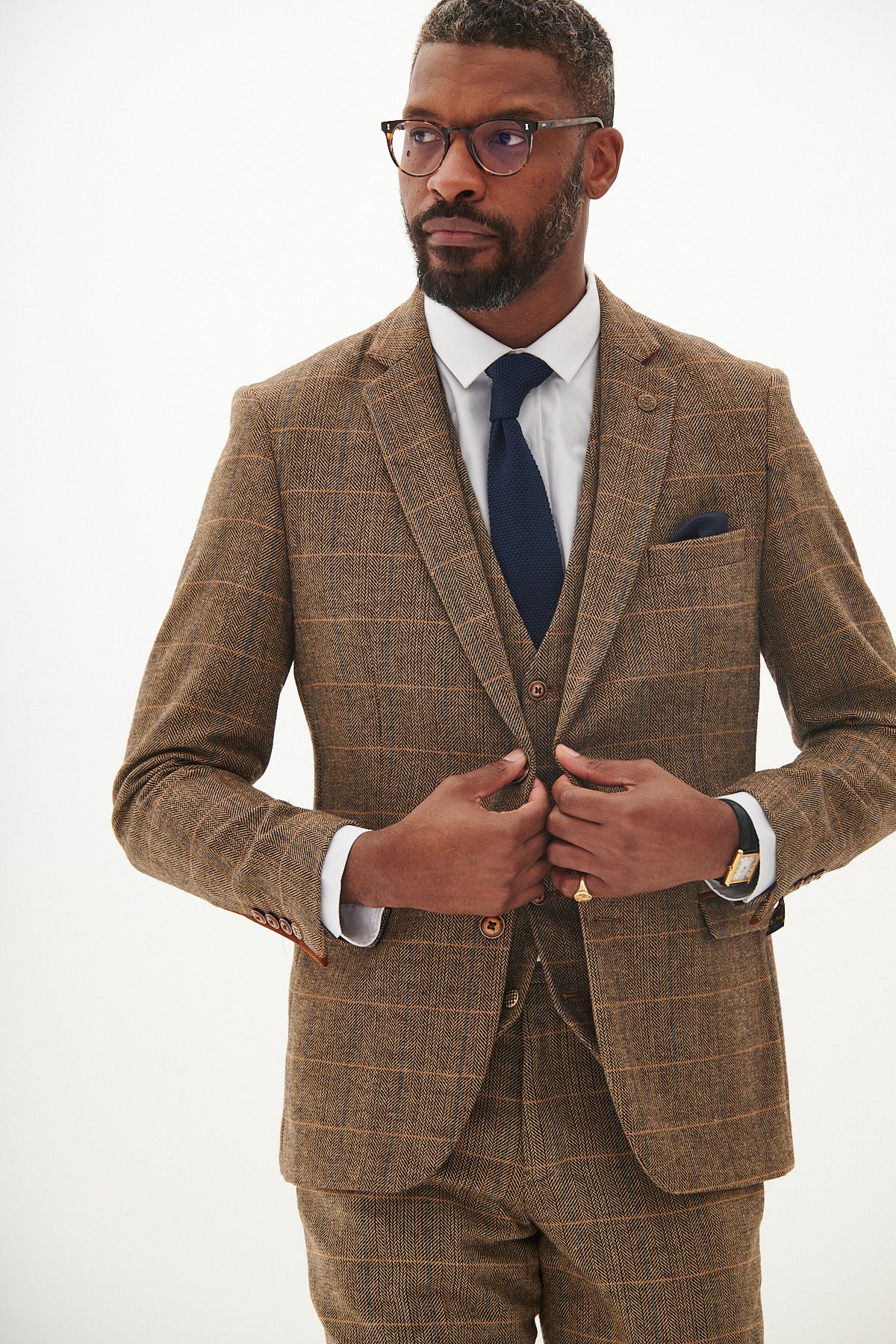 Stylish TED Tan Tweed Check Three-Piece Suit for Men - Perfect for Weddings, Business Meetings & Formal Events