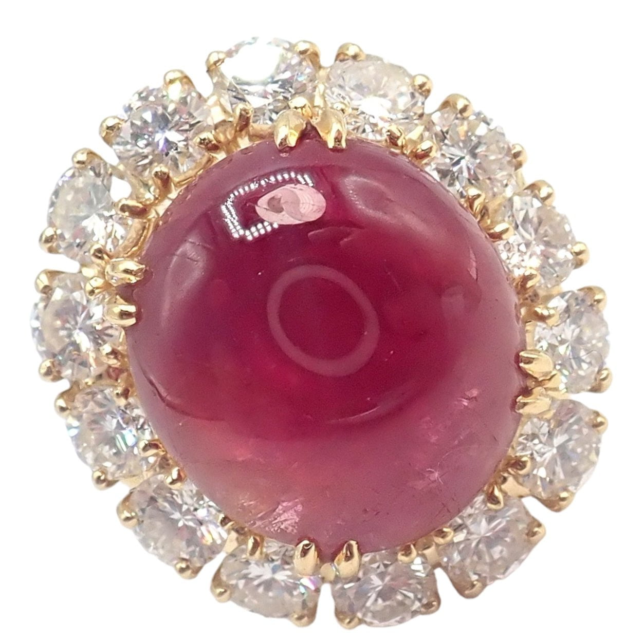 Authentic Van Cleef & Arpels 18k Yellow Gold Large Cabochon Ruby Diamond Ring for Women - Luxury Jewelry Gift for Anniversary, Engagement & Special Occasions