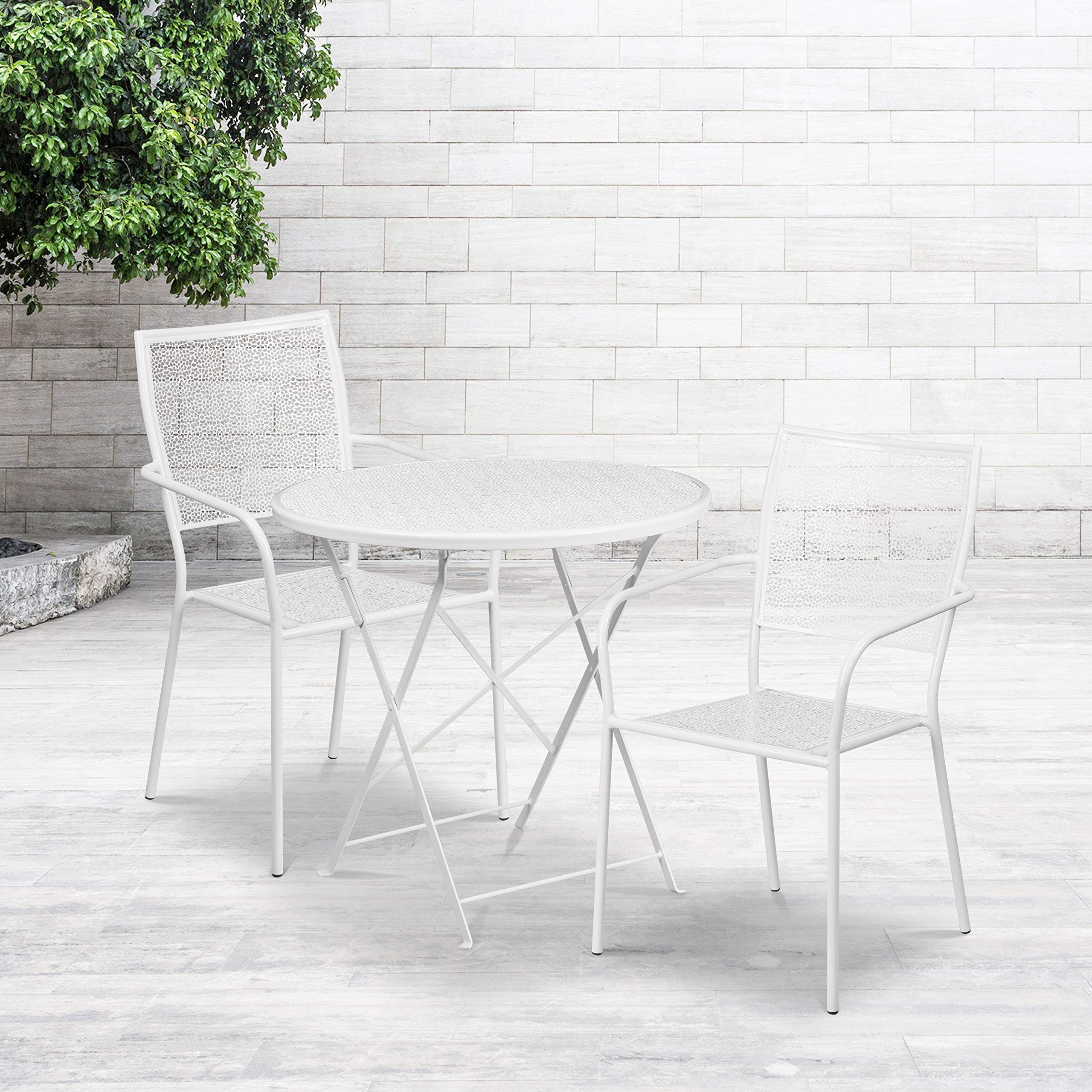 Commercial Grade 30 Inch Round White Folding Outdoor Patio Table Set with 2 Square Back Chairs - Durable Weather-Resistant Dining Set for Backyard, Garden, Poolside & Restaurant Use