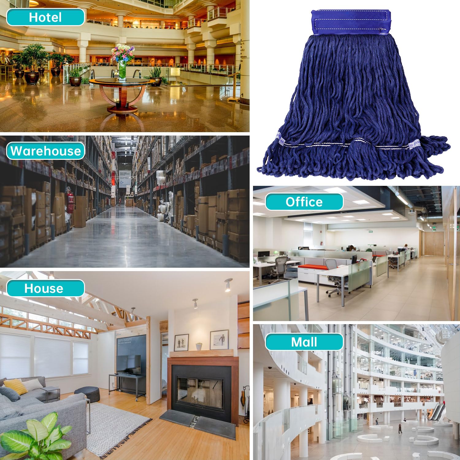 6 Pack Heavy Duty Mop Head Replacement - Industrial Cotton Looped String Mop Refills for Floor Cleaning | Wet & Dry Use | Home, Commercial & Industrial Cleaning (Blue) | Perfect for Kitchen, Bathroom, Warehouse & Office Floors