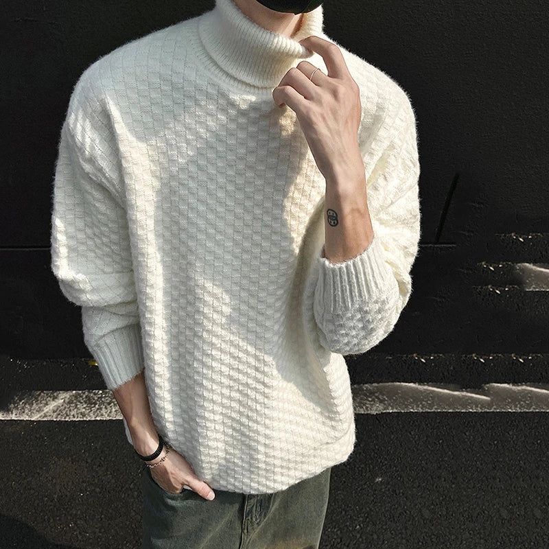 Men's Turtleneck Jacquard Knit Sweater - Loose Fit Pullover Solid Color Casual Winter Knitwear for Autumn & Winter | Office Wear, Holiday Outfits, Cold Weather Fashion