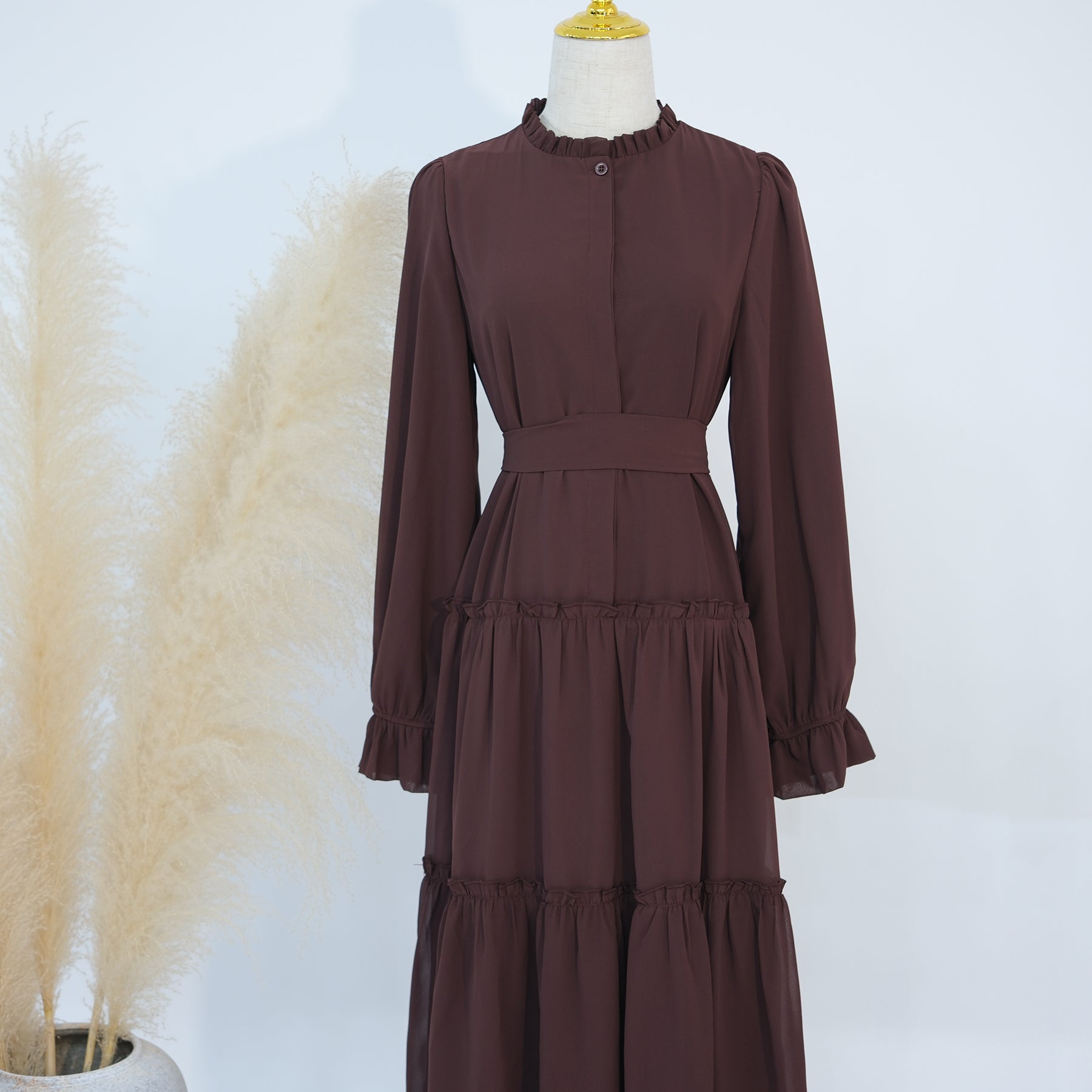 Molly Prairie Chiffon Maxi Dress in Coffee - Elegant Flowy Summer Dress for Women, Perfect for Beach Vacations, Weddings & Boho Parties