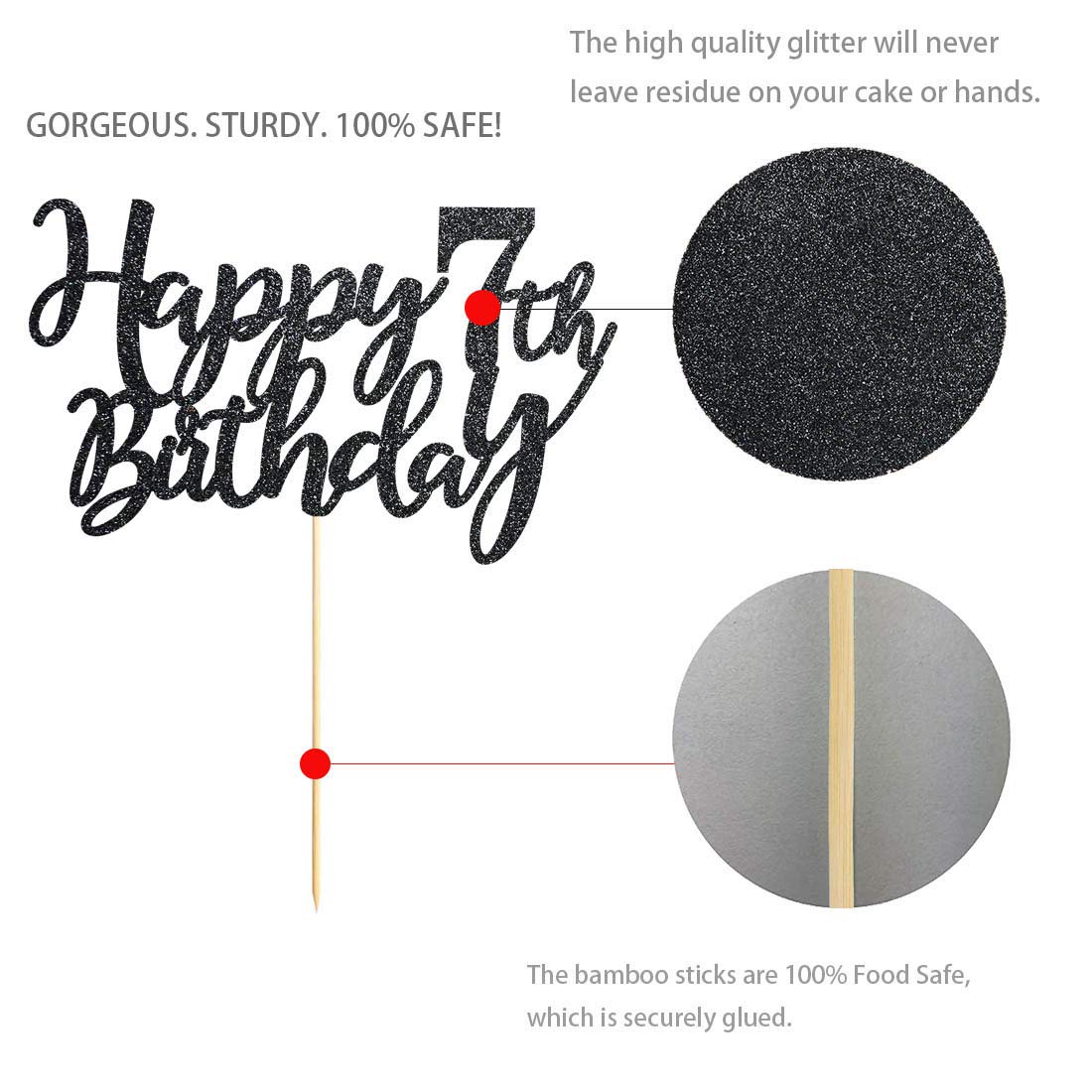7 Black Glitter Happy 7th Birthday Cake Topper - Birthday Party Decorations & Supplies for Kids, Girls, Boys - Perfect for Birthday Cakes, Cupcakes, and Dessert Table Decor