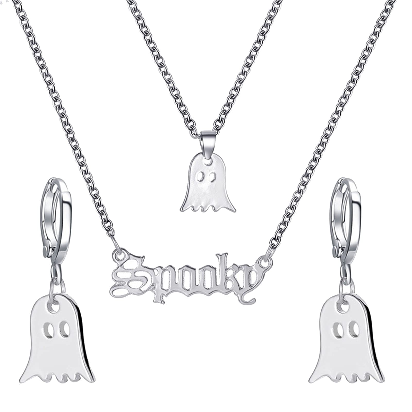 Spooky Halloween Ghost Dangling Earrings & Necklace Set - Silver Gothic Jewelry for Women - Perfect for Halloween Parties, Cosplay, and Themed Events