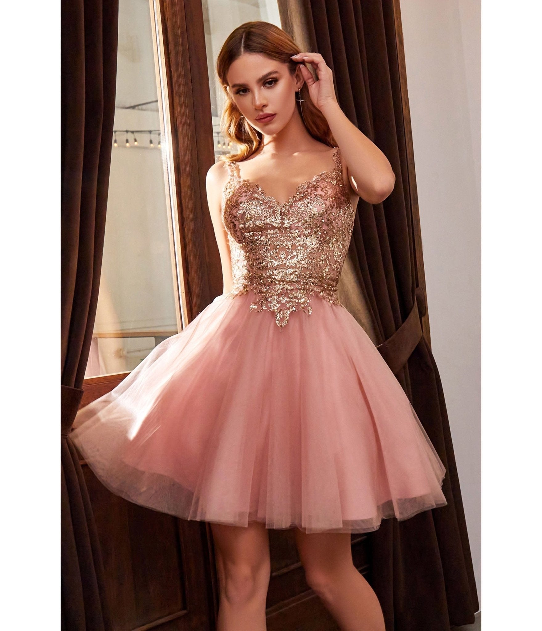 Ladivine by Cinderella Divine Rose Gold Embellished Tulle Mini Homecoming Dress for Teens - Elegant Prom Party Gown for Dances, Weddings & Special Occasions