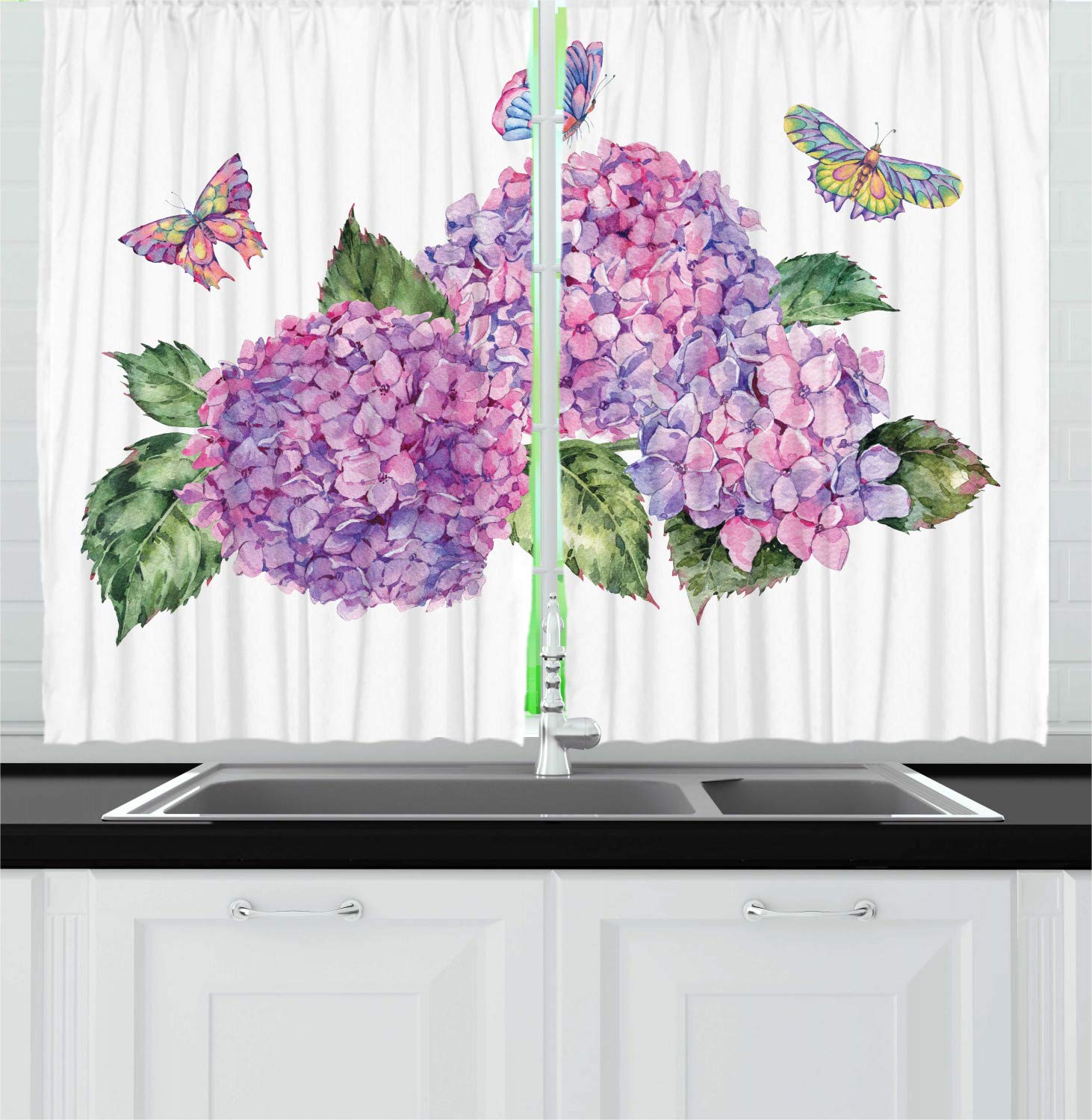 Ambesonne Floral Insect Kitchen Curtains Set of 2 Panels - Watercolor Hydrangea Leaves & Butterflies Design, 55
