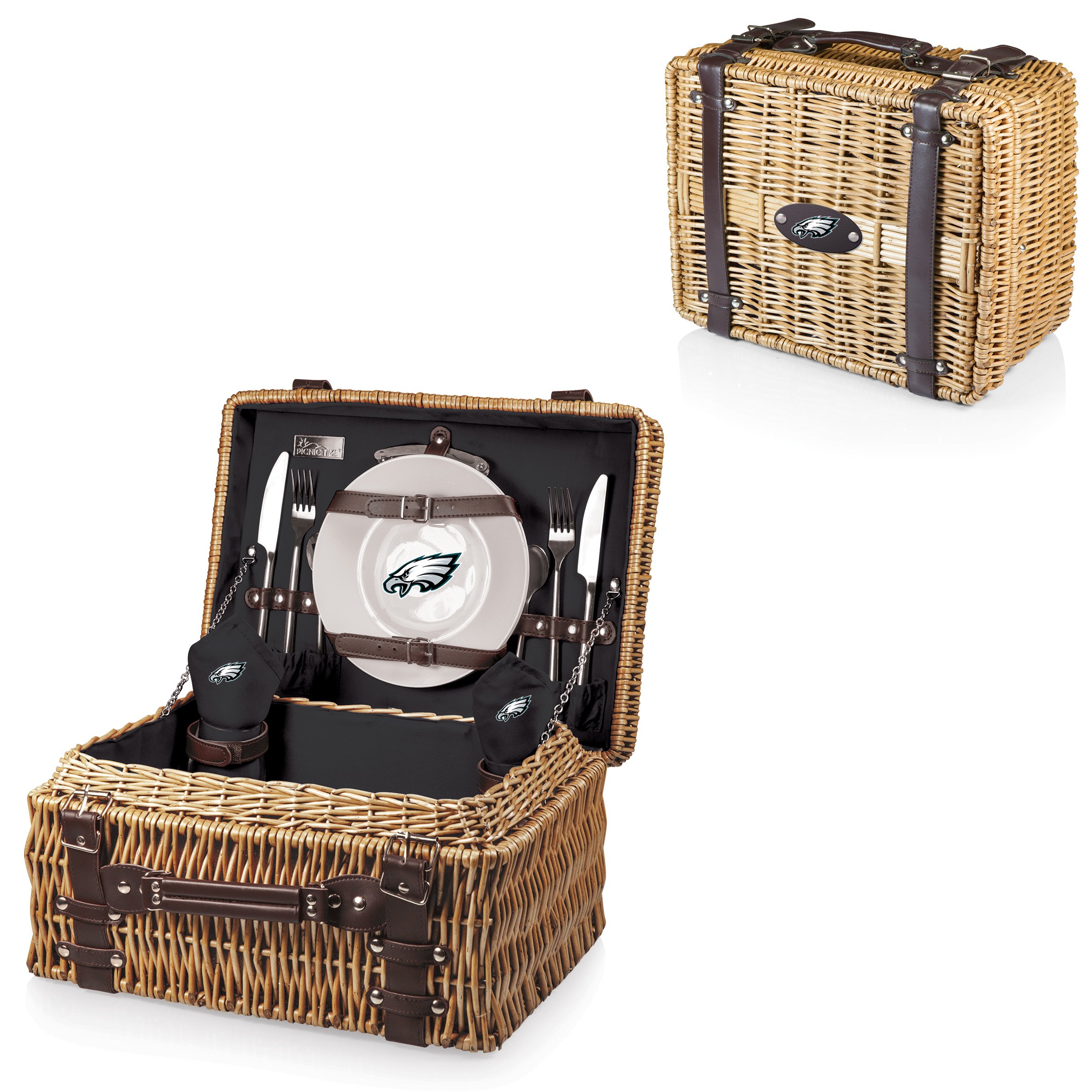 **PICNIC TIME NFL Champion Picnic Basket for 2 – Wicker Picnic Basket Set with Plates, Utensils & Blanket – Perfect for Outdoor Picnics, Tailgating & Game Day Gatherings (Black with Brown Accents)**