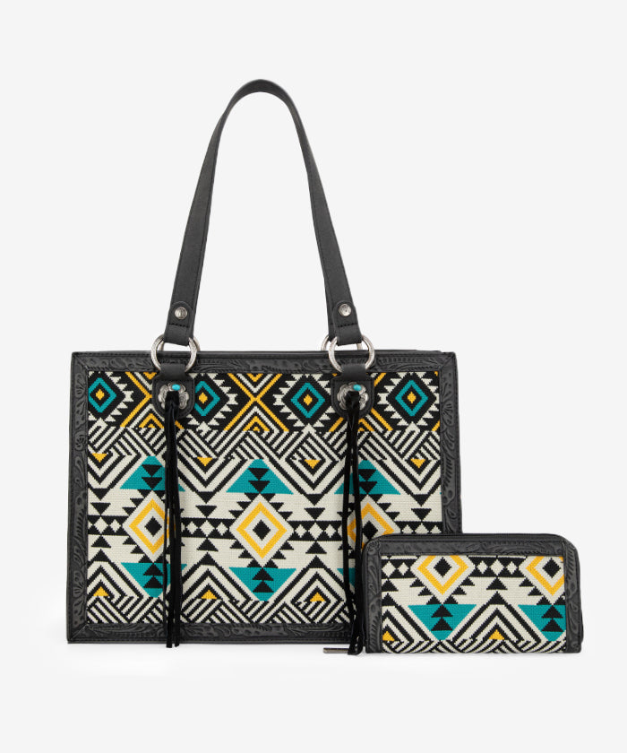 Montana West Southwestern Tooled Leather Tote Bag Set - Stylish Cowgirl Handbag for Women, Western Boho Purse for Work, Travel & Shopping