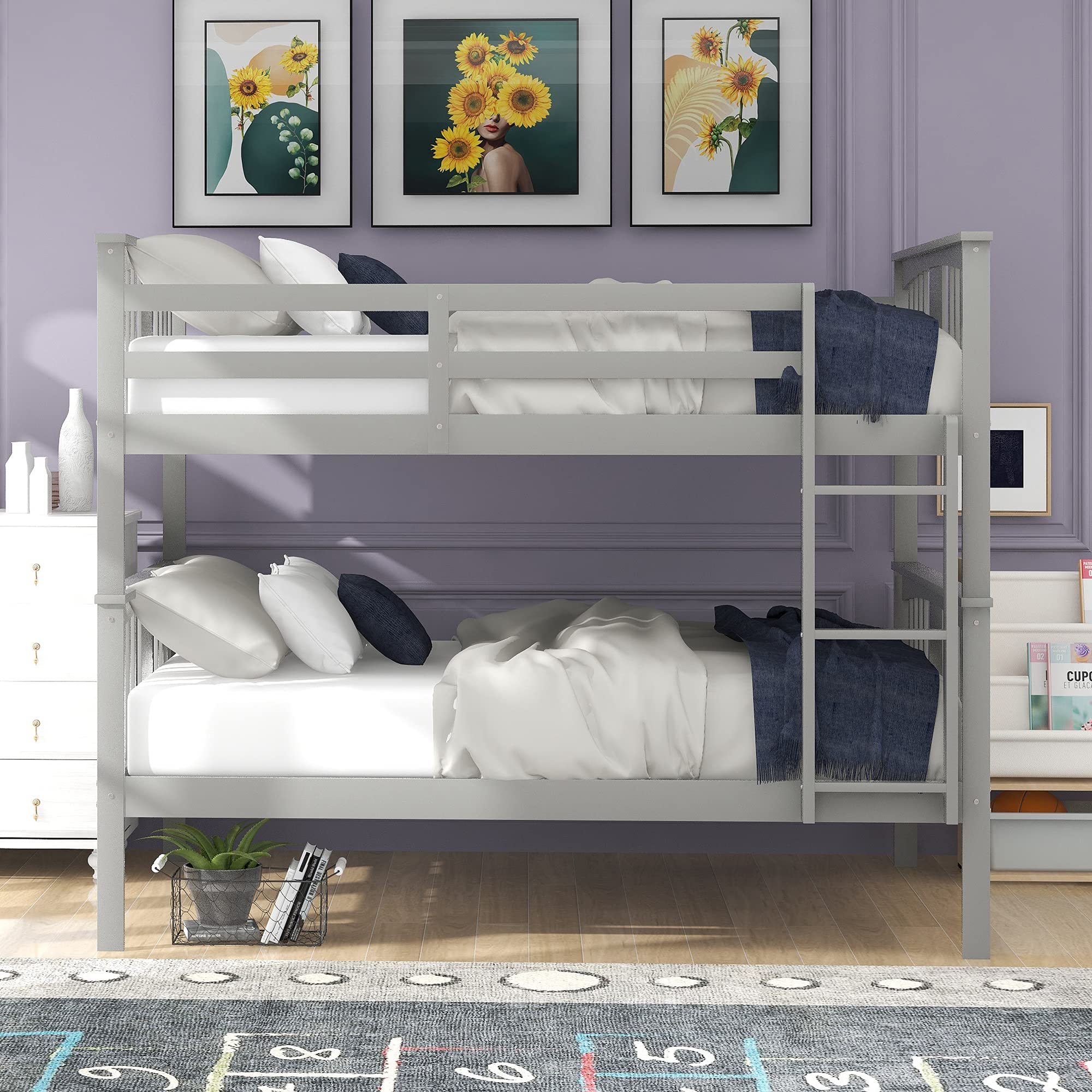 Solid Wood Full Over Full Bunk Bed Frame with Guard Rails & Ladder - Convertible to 2 Twin Beds for Kids, Teens & Adults - No Box Spring Needed - Space-Saving Grey Bunk Bed for Bedrooms, Dorms & Guest Rooms