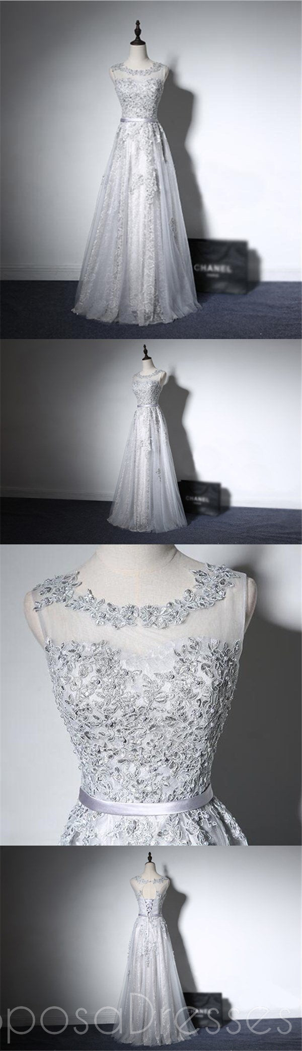Elegant Gray Lace Beaded Open Back Prom Dress - Sexy Long Evening Gown for Formal Parties & Special Occasions | Perfect for Prom, Homecoming, and Black Tie Events