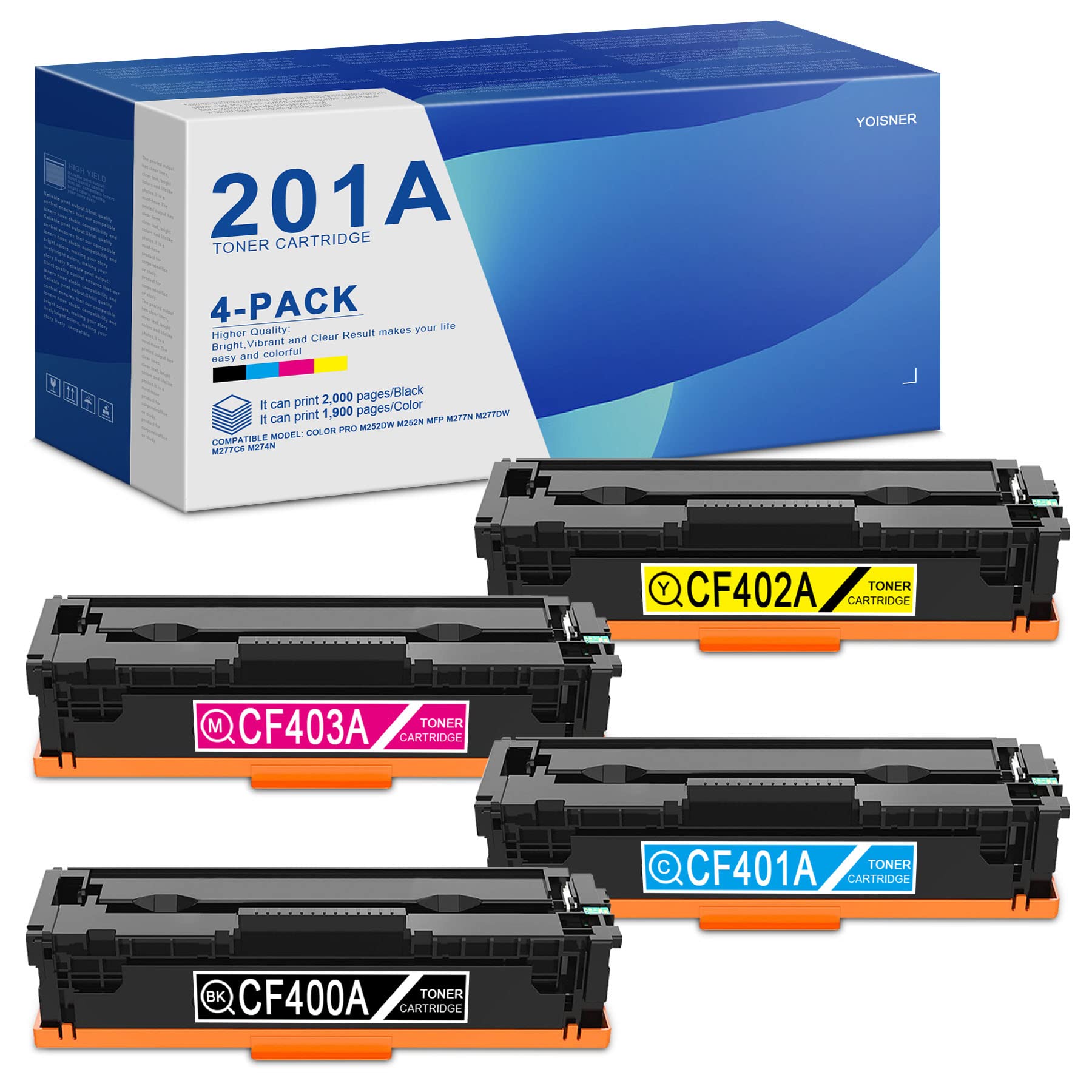 YOISNER 201A CF400A CF401A CF403A CF402A High Yield Toner Cartridge Set - Compatible Replacement for HP Color Pro M252dw M252n MFP M277n M277dw M277c6 M274n Printers | 4-Pack (Black/Cyan/Magenta/Yellow) | Ideal for Home Office & Small Business Printing