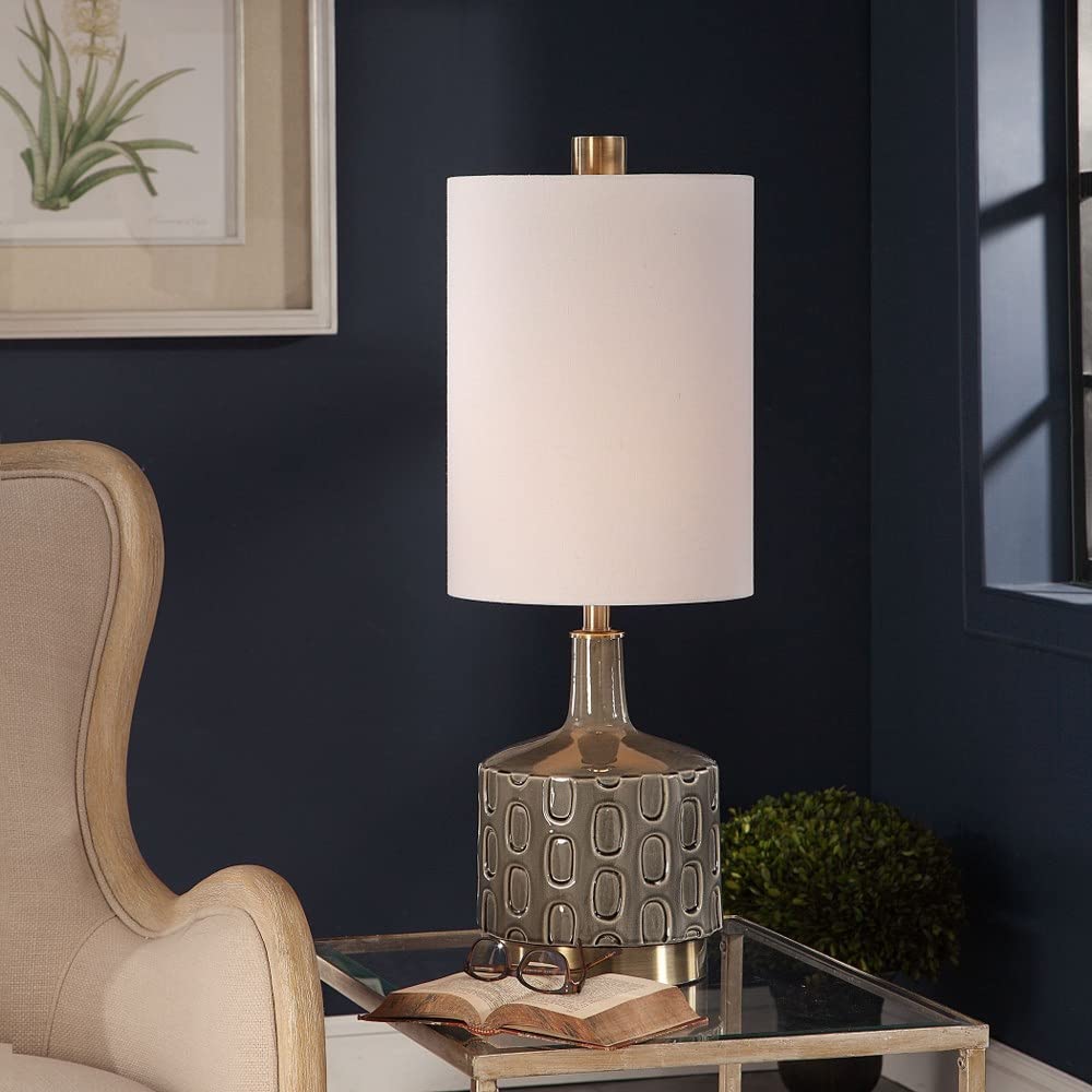 Modern 1-Light Gray Ceramic Table Lamp with White Linen Drum Shade - 3-Way Switch for Bedroom, Living Room & Office Lighting