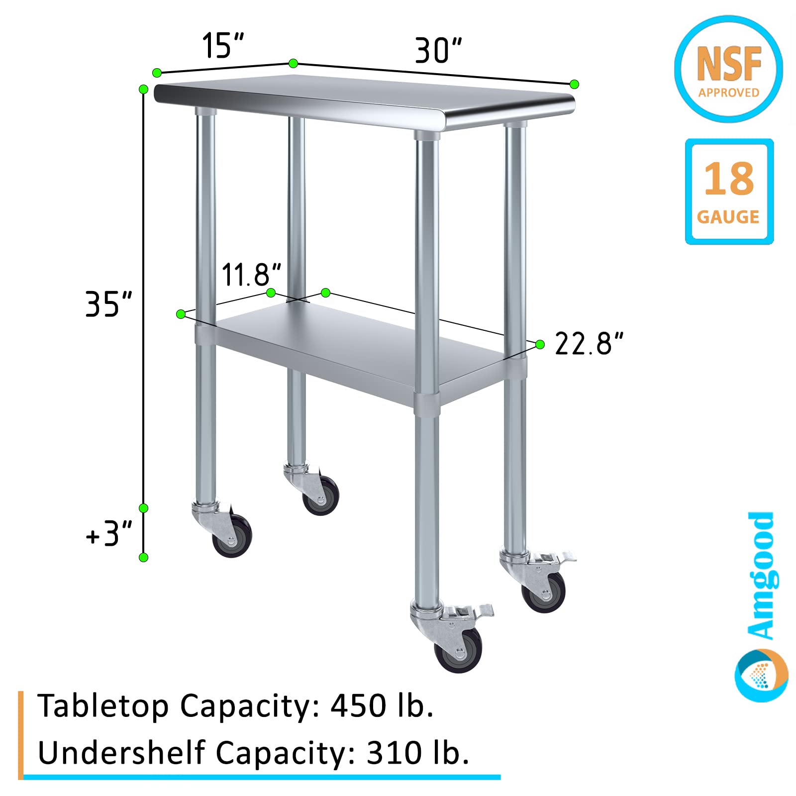 AmGood Stainless Steel Work Table with Wheels - Heavy Duty Metal Utility Table on Casters, 15