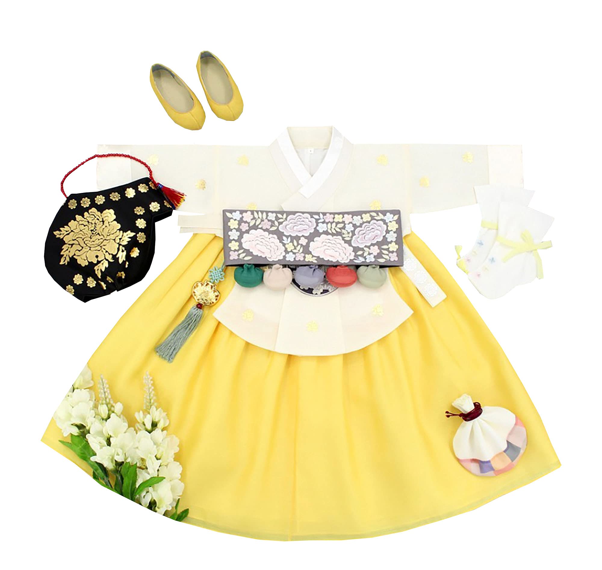 Korean Traditional Hanbok Dress for Baby Girls - Yellow Floral Embroidered Outfit for 100 Days Celebration & 1st Birthday (Ages 0-13) | Perfect for Korean Cultural Events, Photo Shoots & Special Occasions