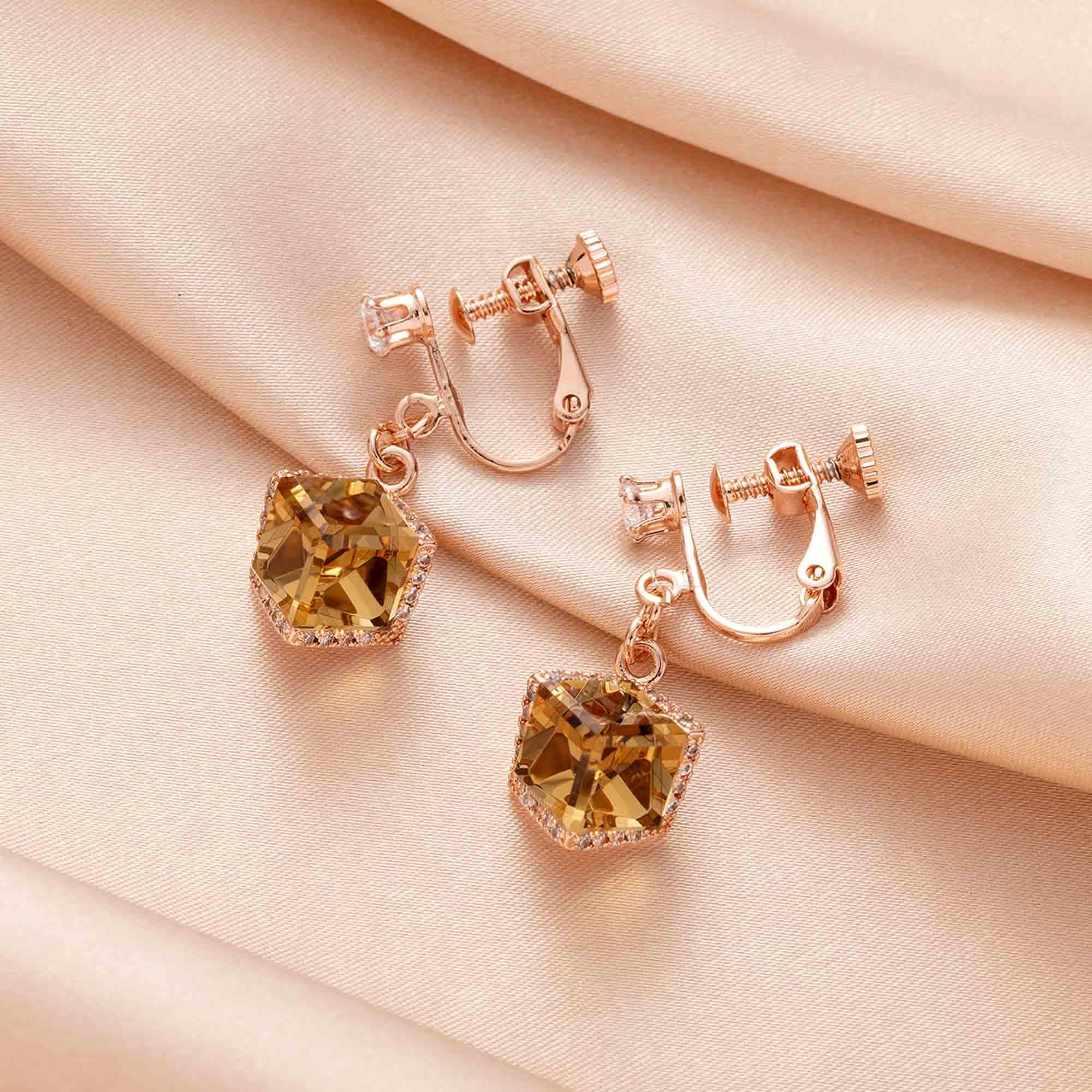 Austrian Crystal Drop Clip-On Earrings for Women - 14K Rose Gold Plated Hypoallergenic Non-Pierced Dangle Earrings | Elegant Party, Wedding & Evening Wear Jewelry