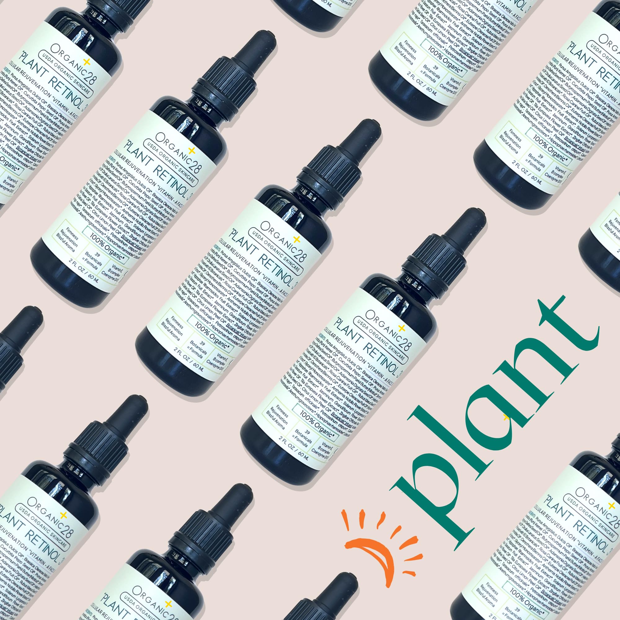 Organic28 100% Organic Plant Retinol Face Serum - Anti-Aging Facial Moisturizer with 39 Botanicals | Fast Absorbing, Vegan, Cruelty-Free | Day & Night Cream for Women | USA Made, 2 Fl Oz | Perfect for Dry Skin & Wrinkle Reduction
