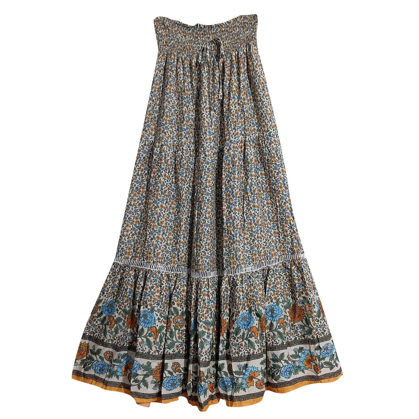 ZILANYGREQ Women's Floral Print High Waist Elastic Midi Skirt - Long Flowy Casual Summer Skirt for Vacation, Beach, Date Night & Office Wear