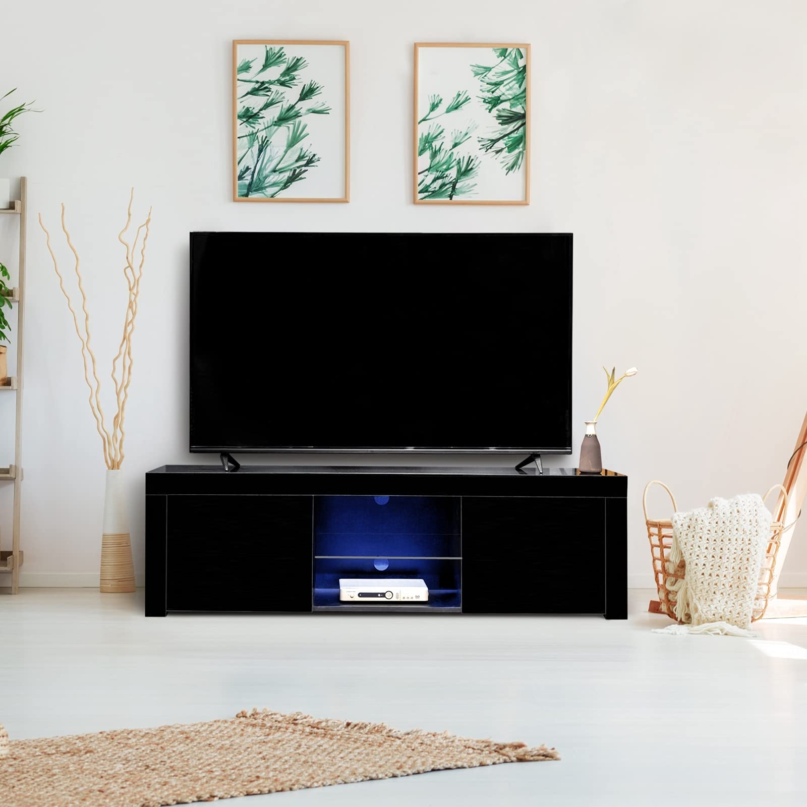 Modern TV Stand Entertainment Center for 70 Inch TVs - 16 Color LED Lights, High Gloss Media Console with 2 Cabinets & Glass Shelves - Storage Desk for Living Room, Bedroom (Black) - Perfect for Movie Nights & Home Theater Setup