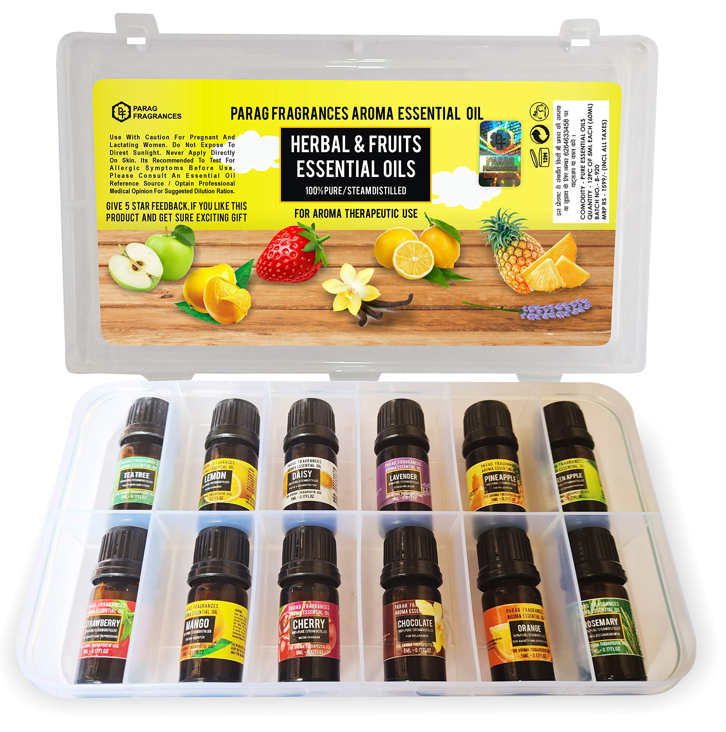 12-in-1 Parag Fragrances Essential Oil Set - Strawberry, Rosemary, Mango, Lavender, Tea Tree, Pineapple, Daisy, Lemon, Green Apple, Chocolate, Orange & Cherry | Aromatherapy, Diffuser, Massage & DIY Beauty | Perfect for Home Spa, Relaxation & Gift Giving