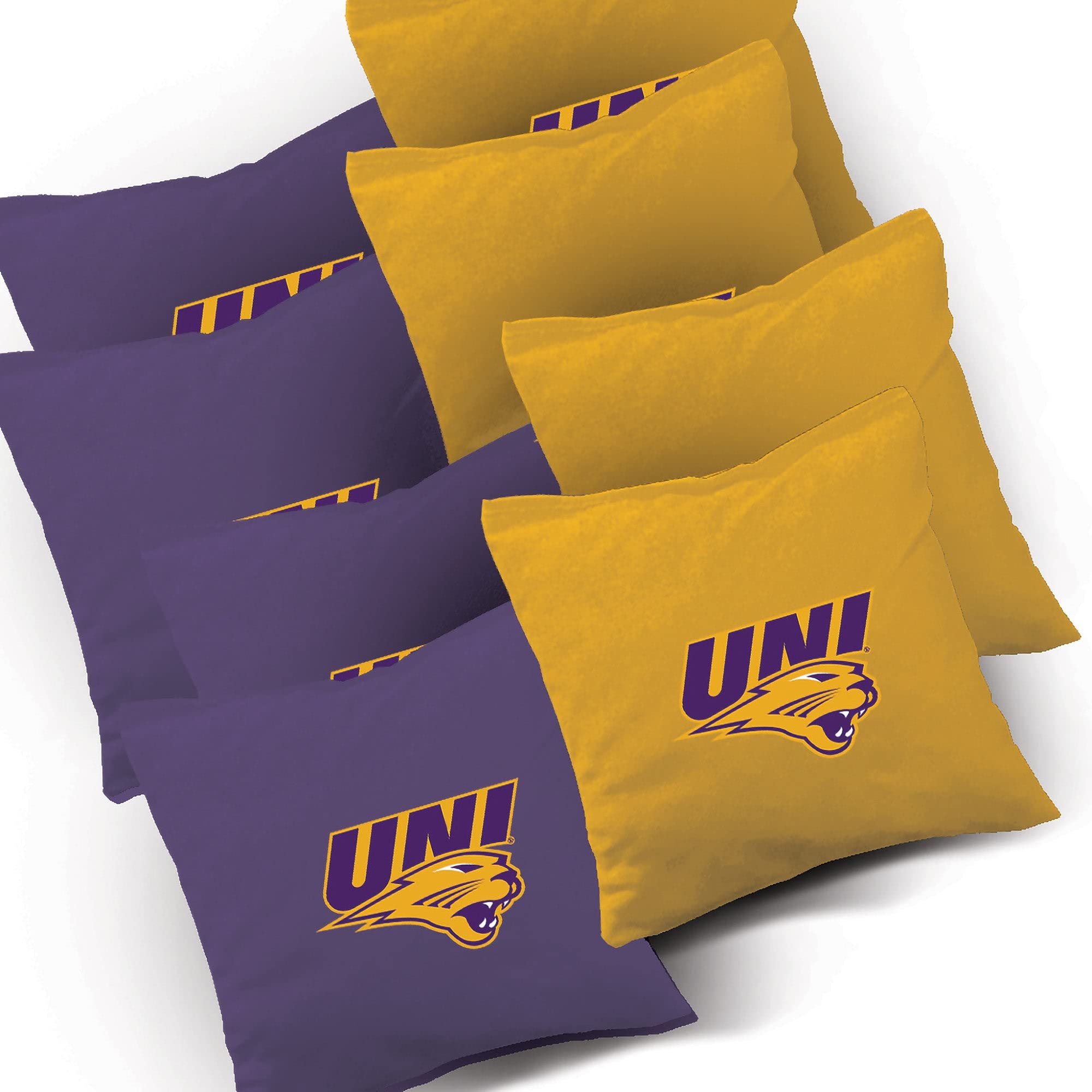 Premium Northern Iowa Stained Striped Cornhole Boards Set - 2 Boards & 8 Custom Team Logo Bags | Outdoor Lawn Games, Tailgate Parties, Backyard BBQ Entertainment