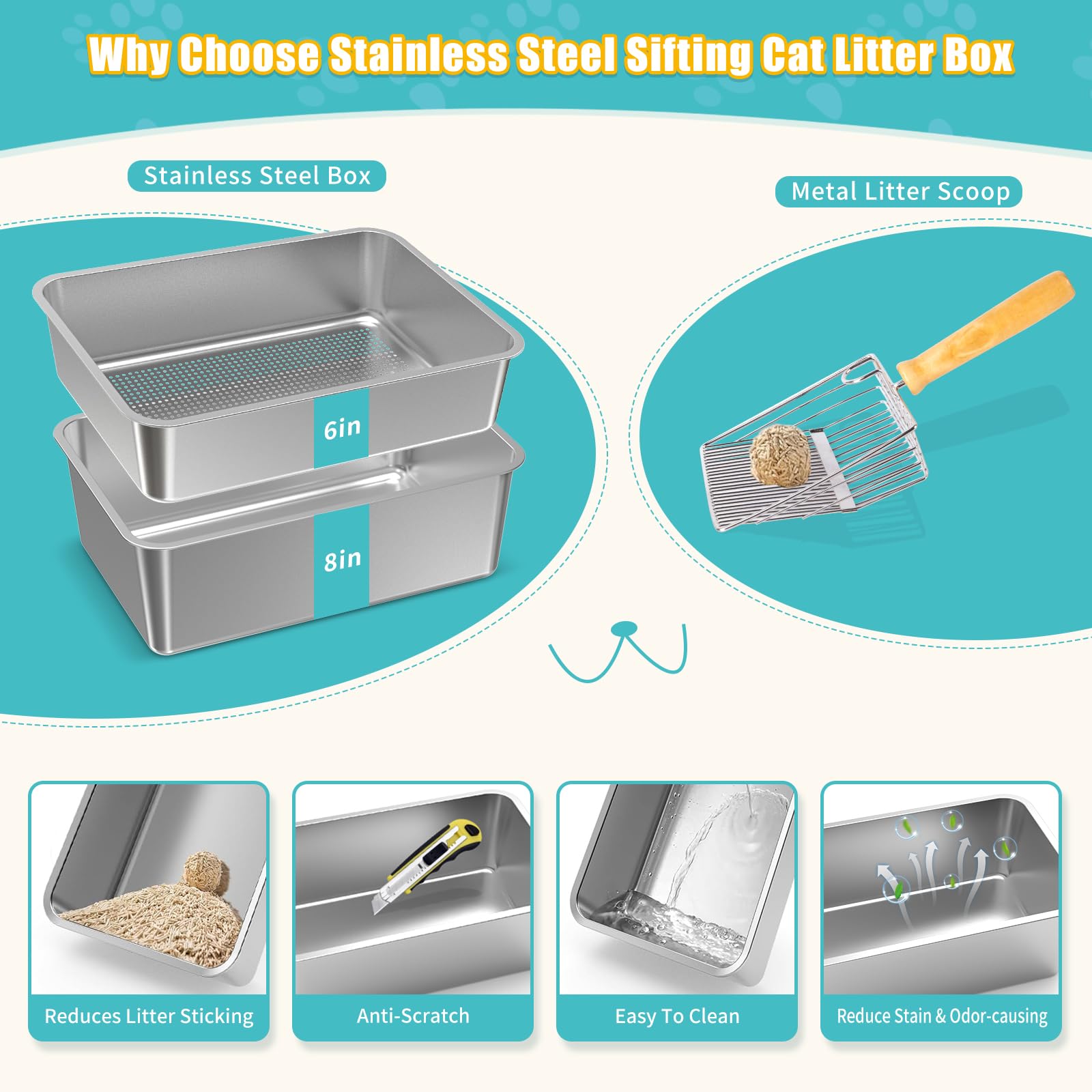 XL Stainless Steel Sifting Cat Litter Box with Sifting Tray & Bottom Pan - High Sided, No Mess, Odor Control, Easy Clean Metal Litter Box with Scoop & 10 Liners - Perfect for Multi-Cat Homes & Odor-Sensitive Spaces