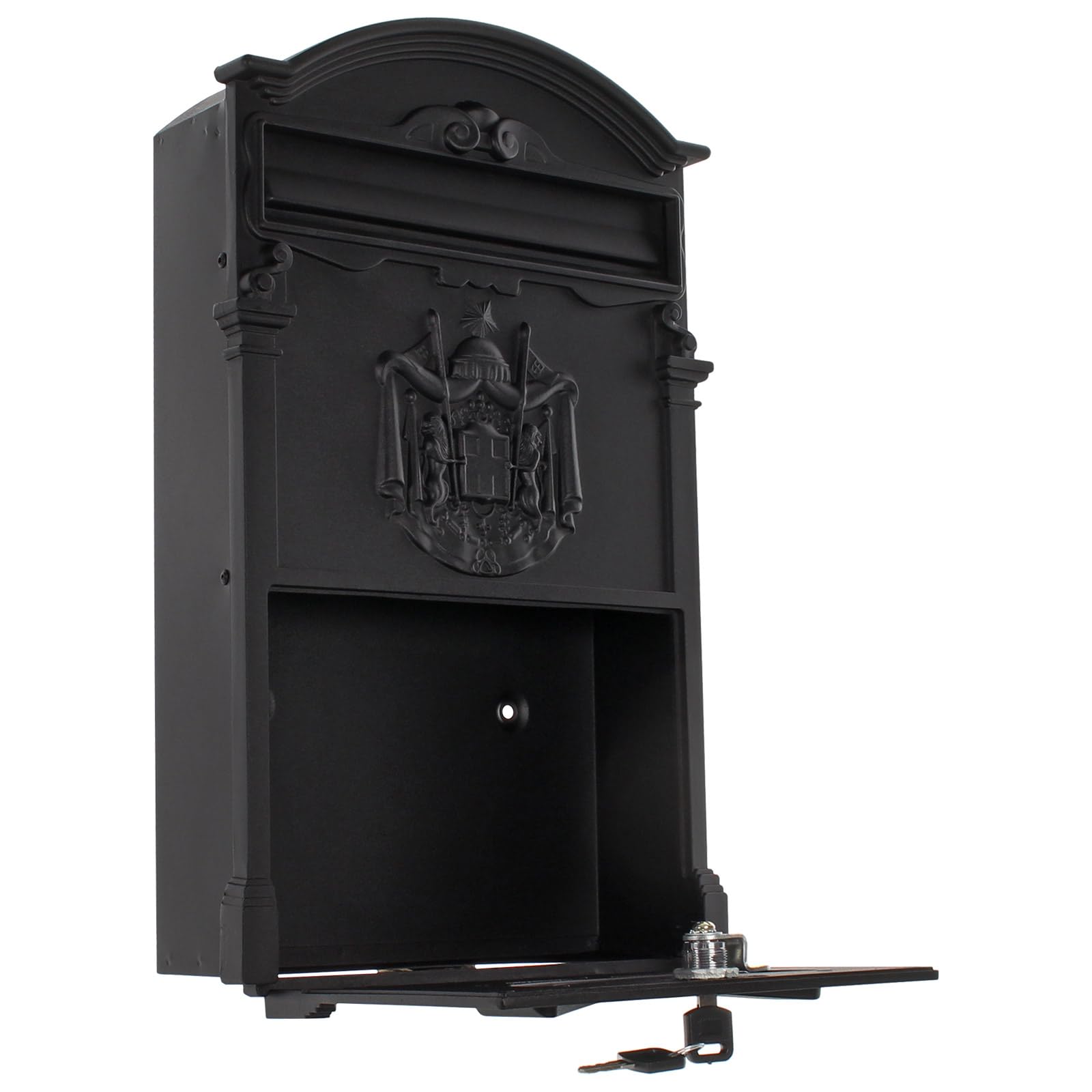 Ashford Traditional Style Post Box with Regal Crest - Outdoor Steel Mailbox in Black for Home & Garden Decor