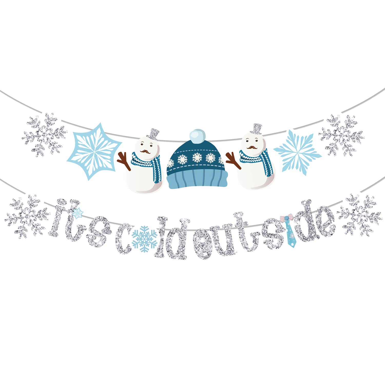 Silver Glittery 'It's Cold Outside' Winter Banner - Blue Snowman & Snowflake Baby Shower Decor, Winter Wonderland Birthday Party Supplies, Christmas Holiday Decorations for Indoor & Outdoor Events