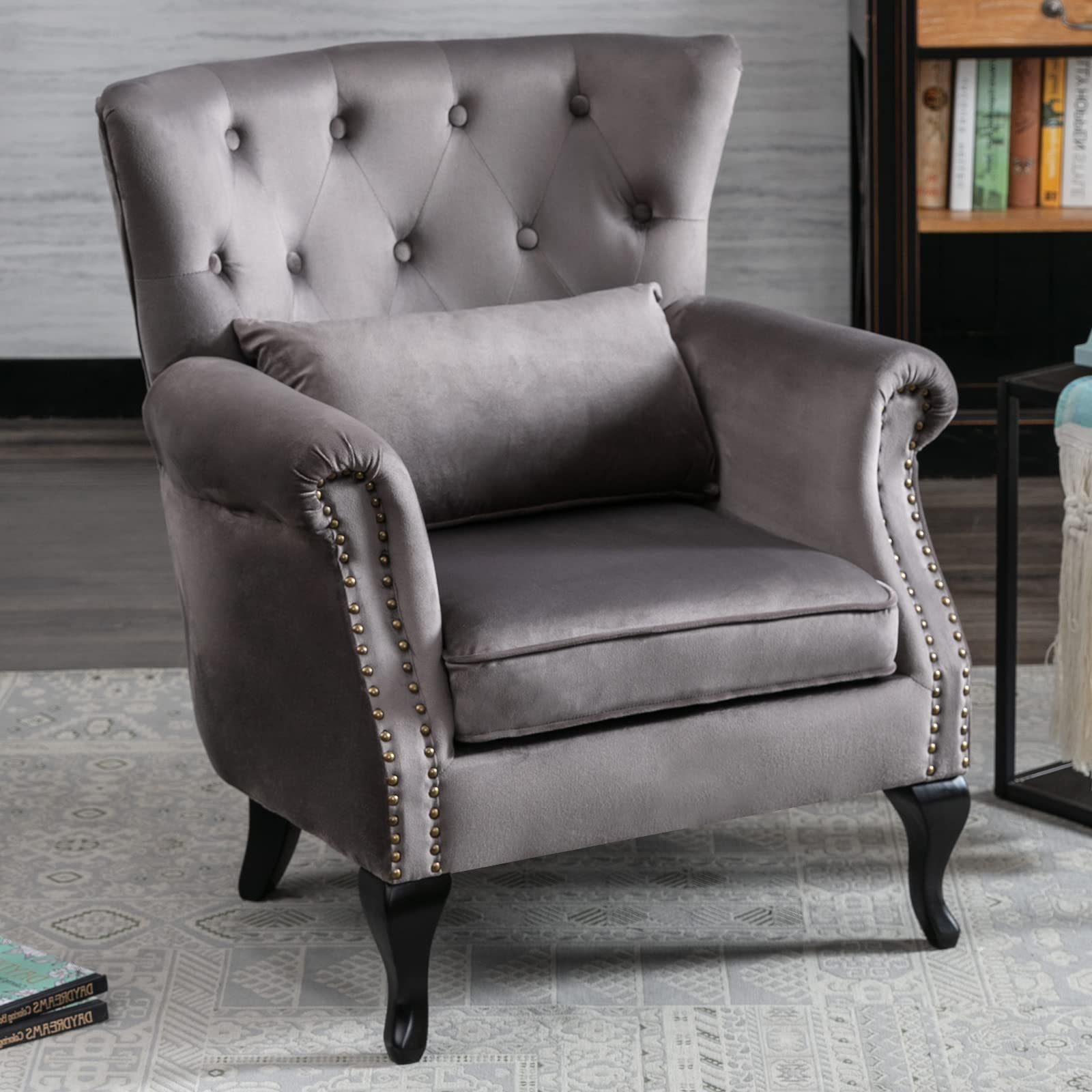 Midcentury Modern Accent Reading Arm Chair - Velvet Grey Wingback Club Chair with Button Tufted Back & Lumbar Pillow for Living Room, Bedroom, Office Waiting Area - Perfect for Reading Nooks, Lounge Spaces and Cozy Corners