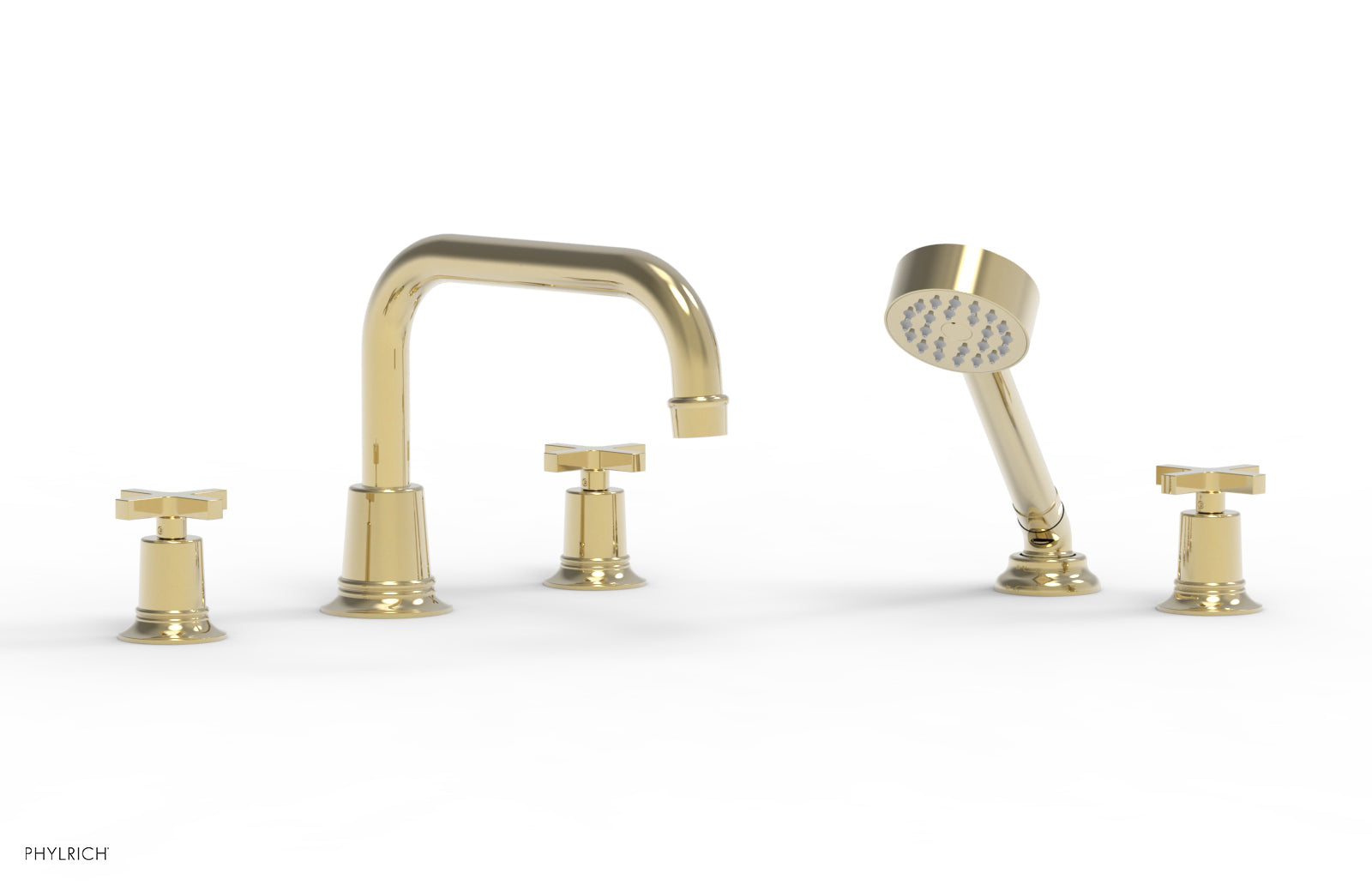 HEX MODERN Deck Mount Tub Faucet Set with Hand Shower and Cross Handles - Model 501 52 - Perfect for Bathroom Renovation and Luxury Spa Experience