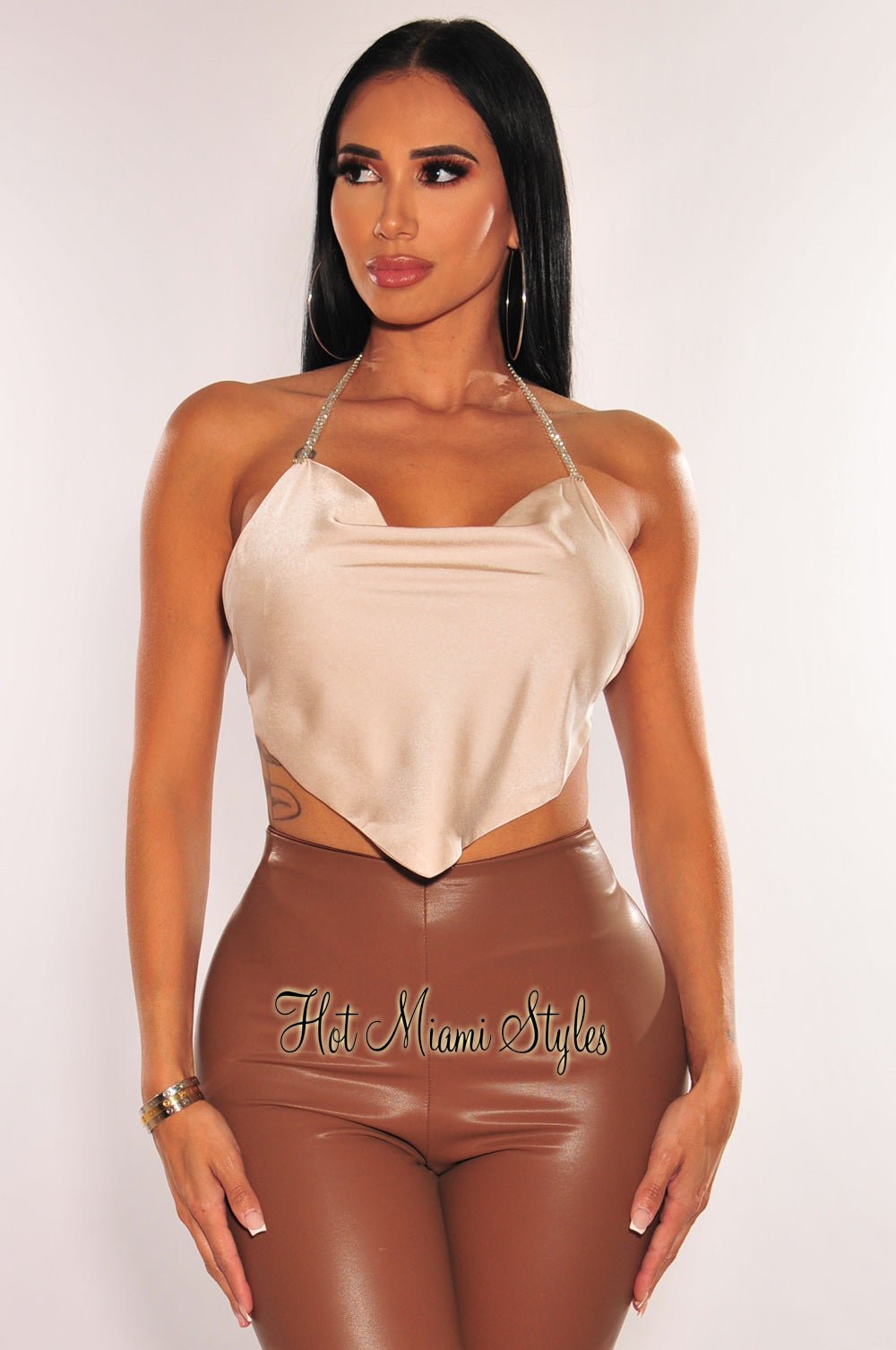 Champagne Silky Rhinestone Halter Draped Tie Up Crop Top for Women - Sexy Party Clubwear & Night Out Outfit - Perfect for Bachelorette, Date Night, and Special Occasions