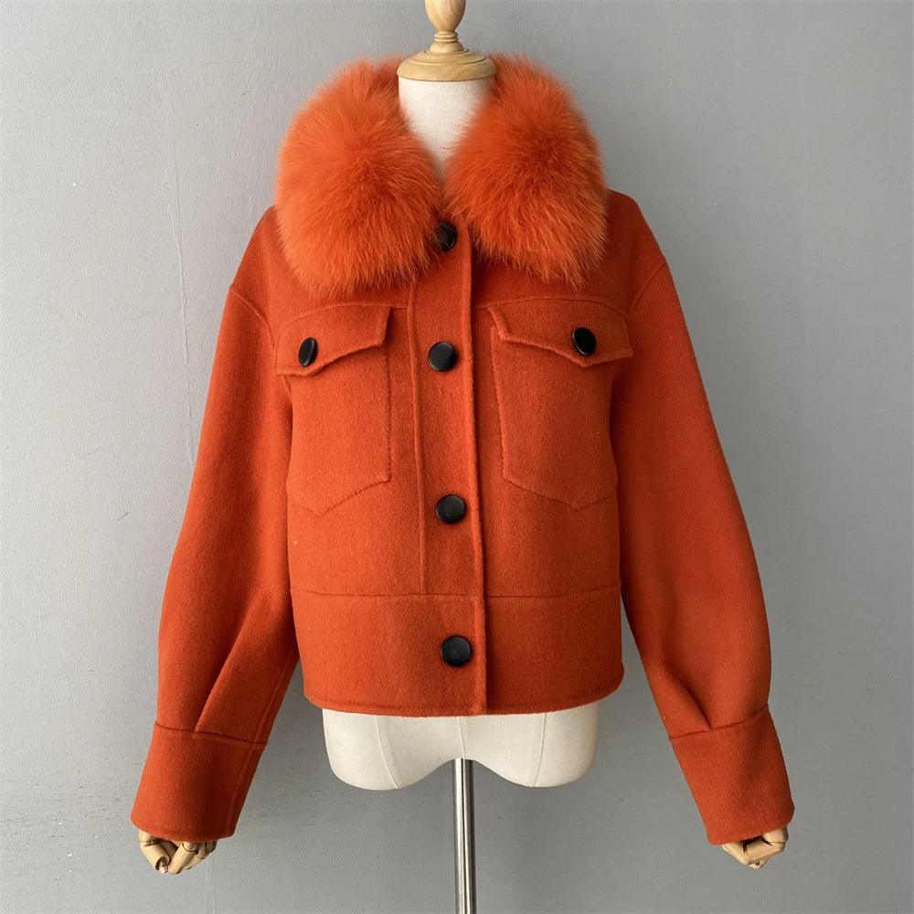 Luxury Women's Cashmere Wool Coat with Real Fur Collar - Winter Cropped Jacket, Full Sleeves & Pockets - Streetwear Outerwear for Cold Weather & Fashion Outings