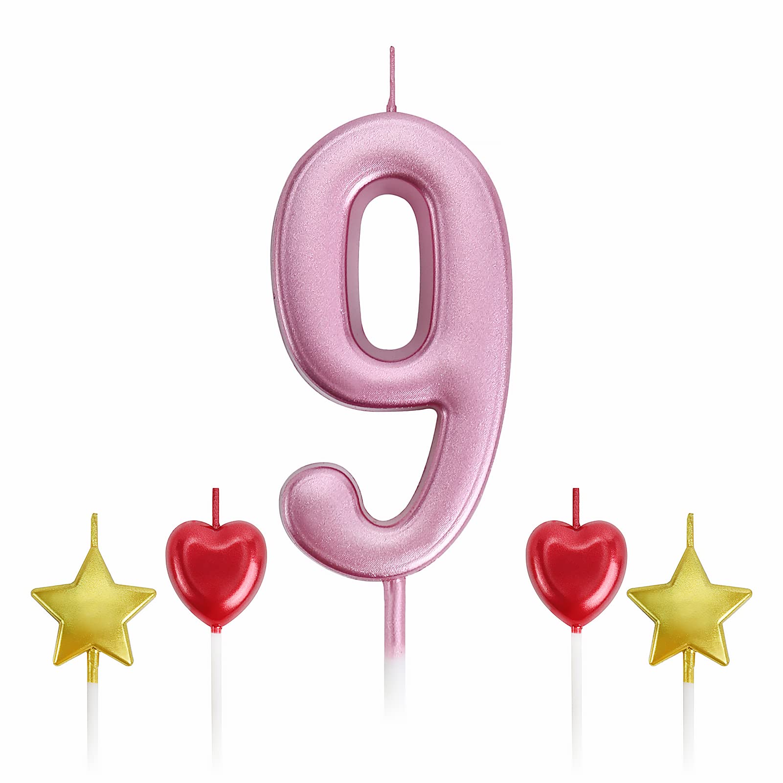 9th Birthday Candles Pink - Star & Heart Toppers for Cake Decorations - Kids & Adults Party Supplies