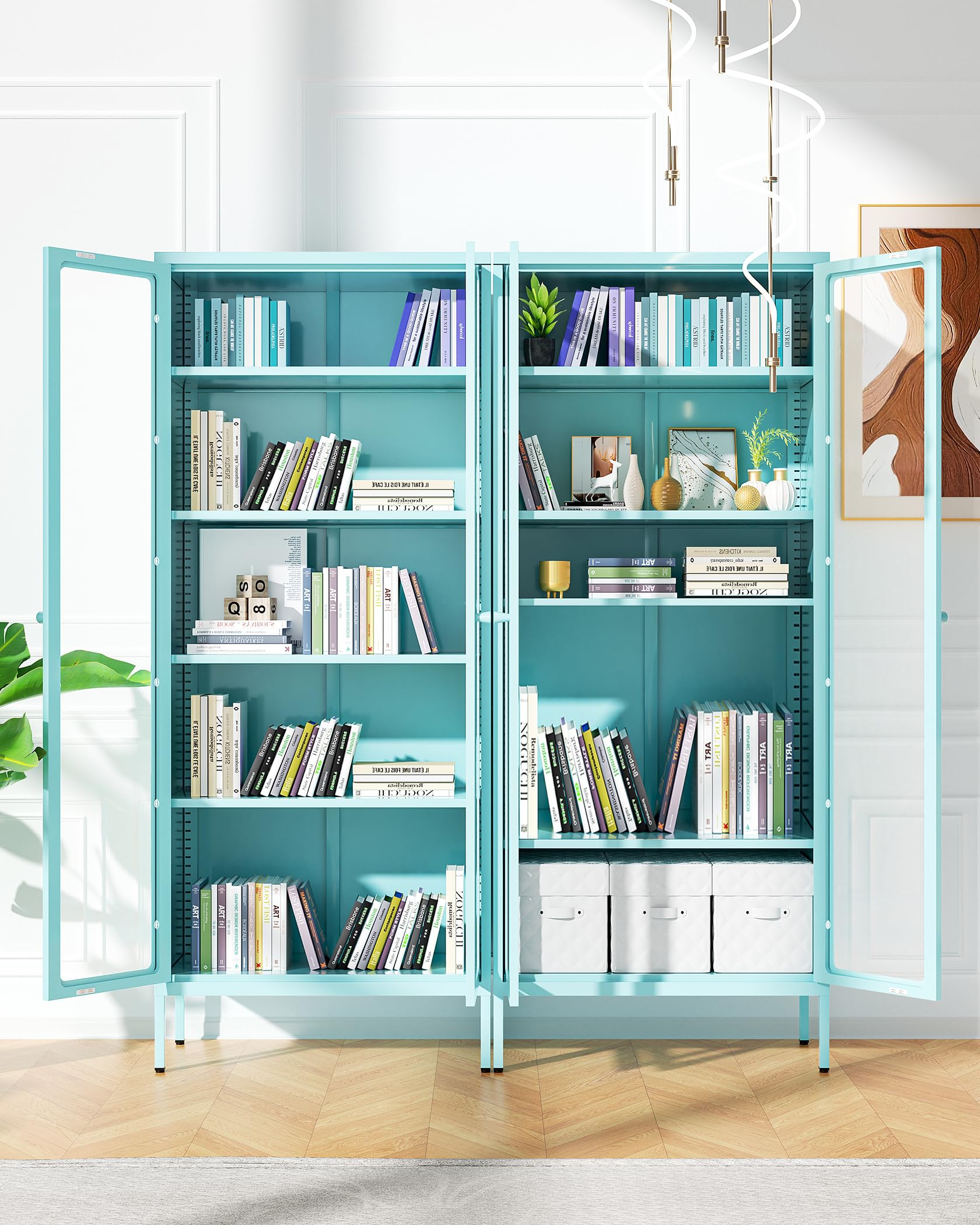 Greenvelly Metal Display Cabinet with Glass Doors & 4 Adjustable Shelves - Blue Storage Organizer for Home Office, Living Room, Pantry - Perfect for Showcasing Collectibles, Storing Books & Displaying Kitchenware