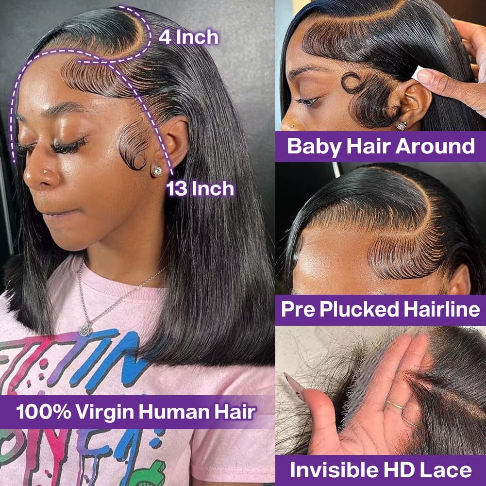 13x4 HD Lace Glueless Bob Wig Human Hair - Short Straight Pre Plucked Lace Front Wig with Baby Hair for Black Women (180% Density, 14 Inch) | Perfect for Daily Wear, Cosplay & Protective Styling