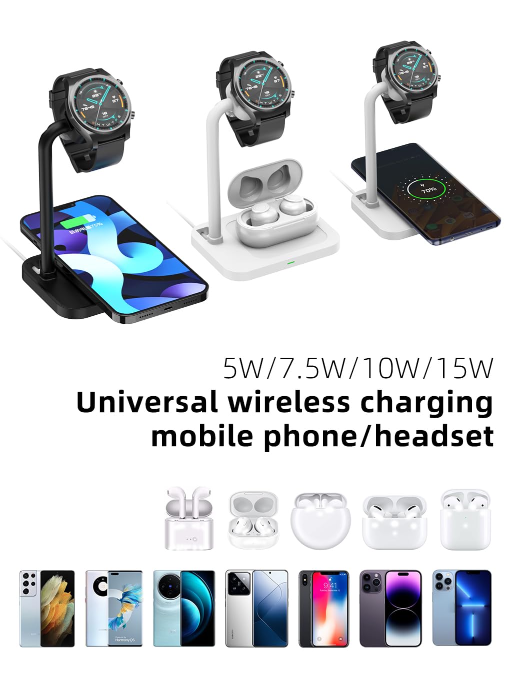 AODUKE 2-in-1 Wireless Charger Stand for Samsung Galaxy Watch & Google Pixel - Compatible with Huawei GT, Garmin, Fossil, Fitbit, Skagen, Michael Kors Smartwatches | Fast Charging Dock for Desk, Nightstand & Office Use