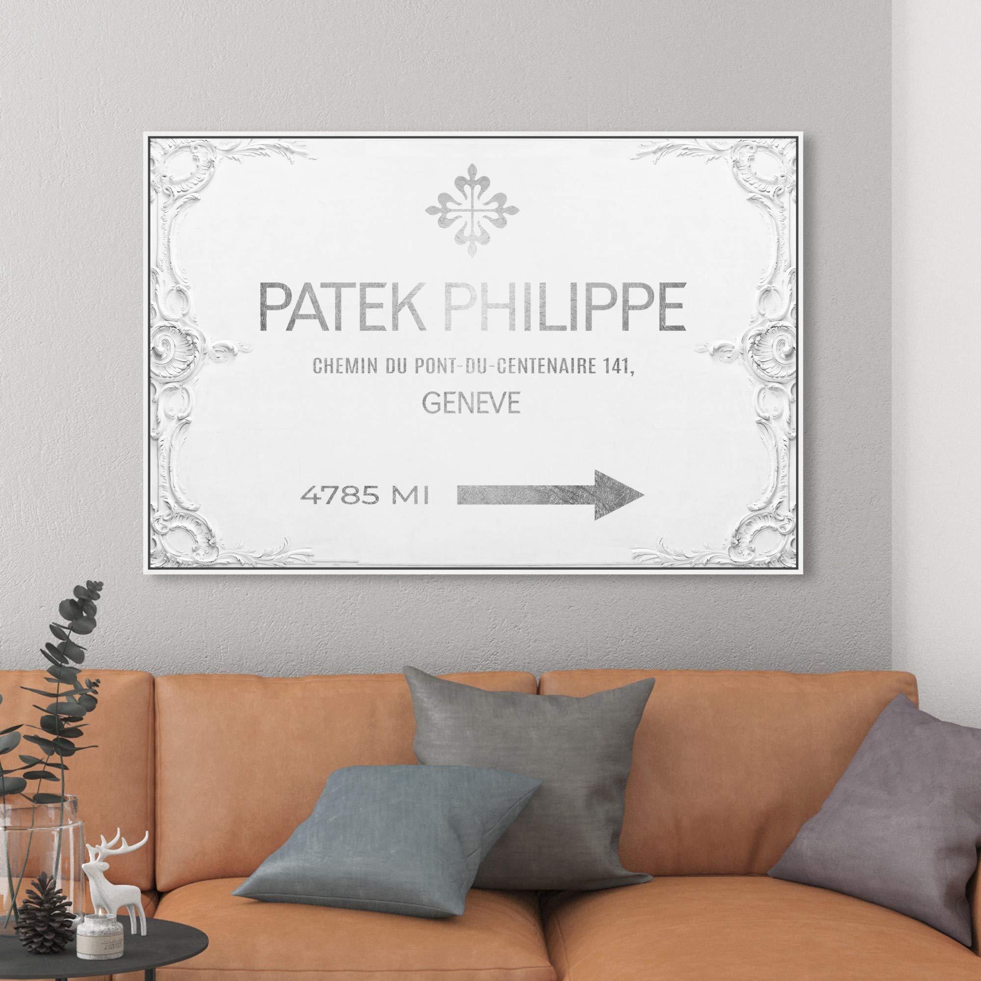 Oliver Gal Artist Co. Fashion & Glam Wall Art Framed Canvas Print - Geneva Watches Road Signs Home Decor, 45x30 Inches, Gray & White - Perfect for Living Room, Bedroom & Office Wall Decor