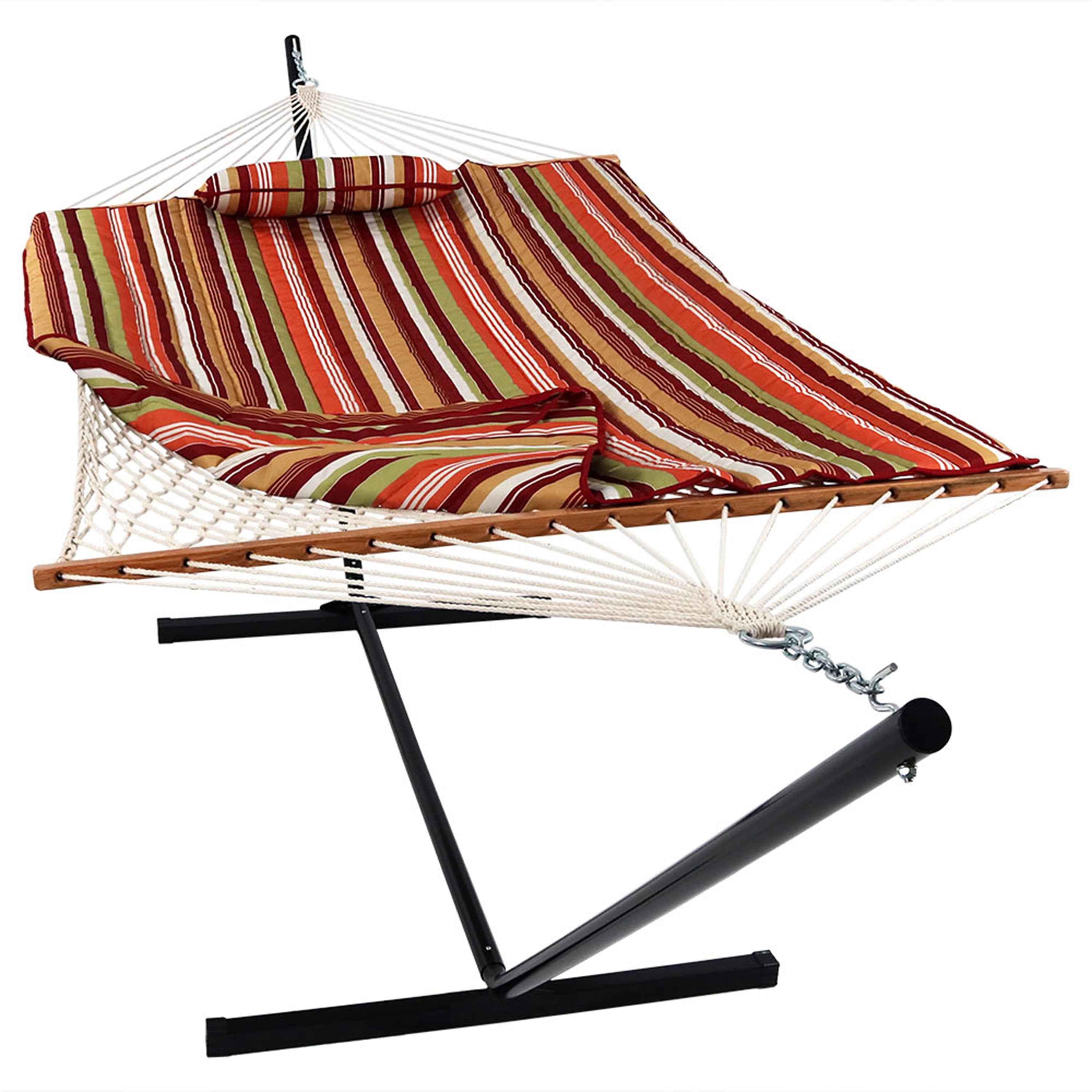 Premium Sunnydaze Rope Hammock with 12-Foot Steel Stand, Comfortable Pad & Pillow - Perfect for Backyard Relaxation, Beach Lounging & Outdoor Camping